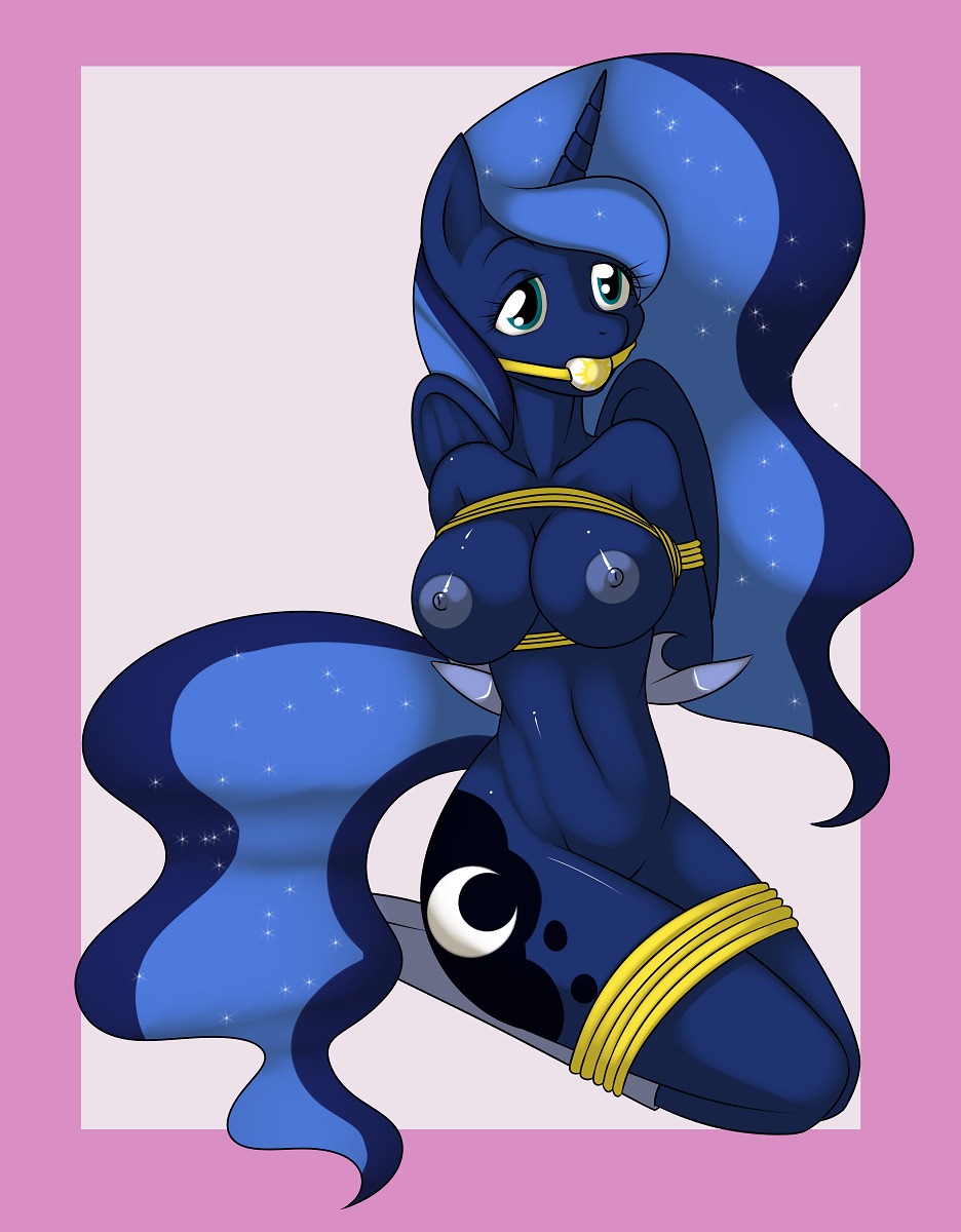 2012 anthro anthrofied ball_gag bdsm blue_body blue_feathers blue_hair blue_nipples bondage bound breasts cutie_mark digital_media_(artwork) e621 equid equine feathered_wings feathers female friendship_is_magic gag gagged hair hasbro hi_res horn kloudmutt long_hair mammal my_little_pony mythological_creature mythological_equine mythology navel nipples nude princess_luna_(mlp) solo submissive submissive_female tail winged_unicorn wings