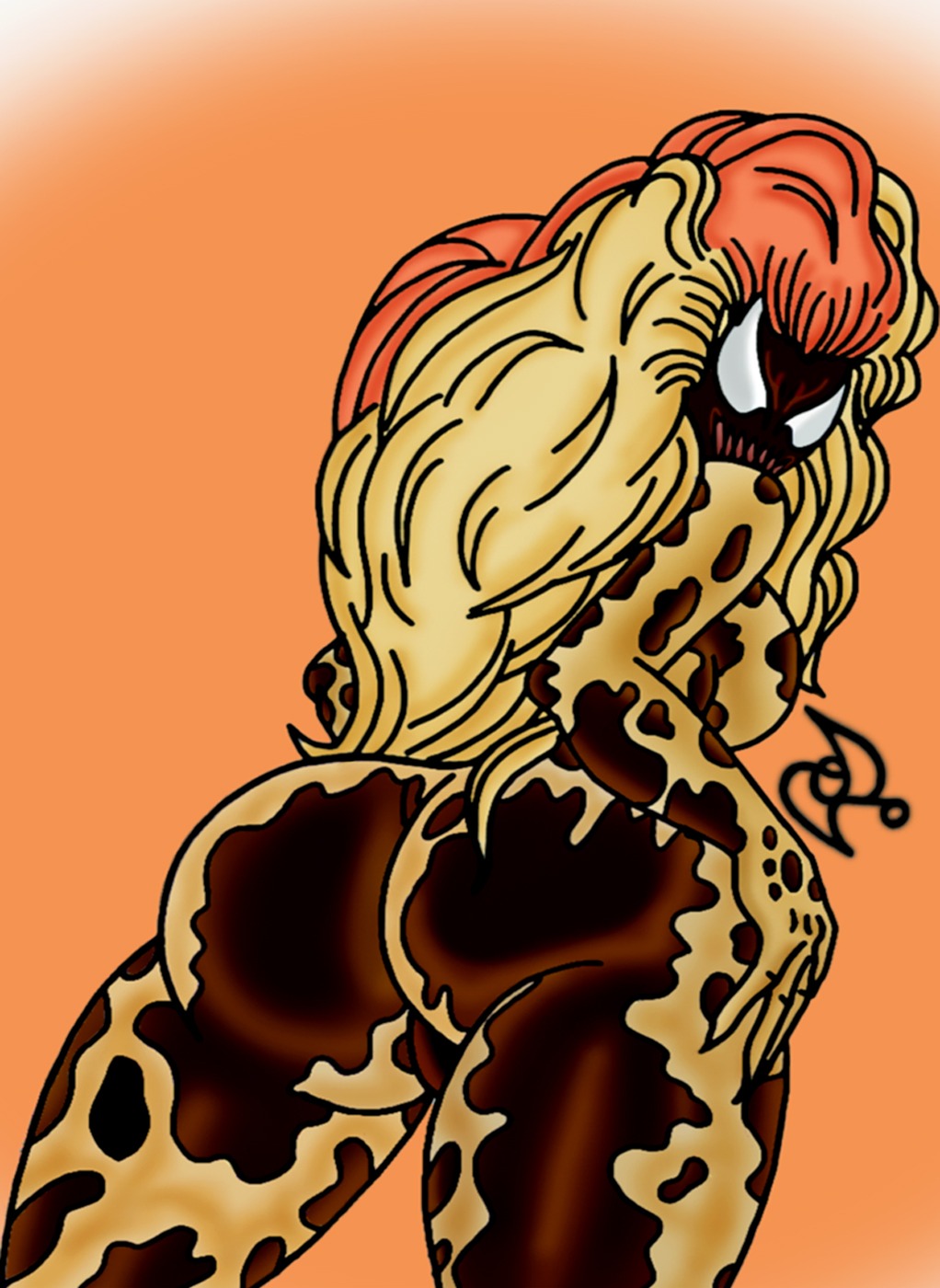 1girls anus ass big_ass big_butt breasts curvy curvy_figure donna_diego female female_focus female_only hand_on_hip hips long_hair looking_at_viewer looking_back marvel marvel_comics omarsin orange_background rule34 scream_(spider-man) sharp_claws sharp_teeth sideboob solo solo_female solo_focus spider-man_(series) symbiote thick_thighs thighs two-tone_body two-tone_hair wide_hips yellow_hair