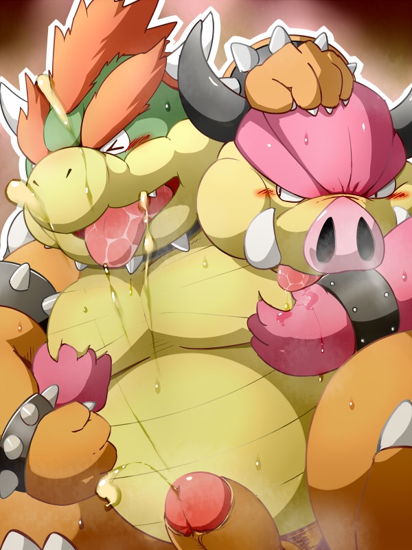 3:4 anthro blush bodily_fluids bowser bowser's_inside_story cum dragon_koopa duo e621 erection genital_fluids genitals grope koopa licking male male/male mario_and_luigi_(series) mario_bros midbus moob_grab moobs nintendo overweight penis scalie sweat tongue tongue_out unknown_artist urine urine_stream