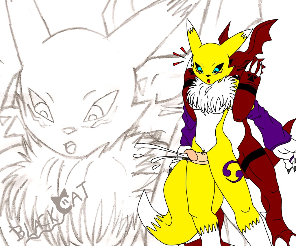anthro balls bandai_namco black_sclera blackcat bodily_fluids breasts canid canine cum digimon digimon_(species) dipstick_tail duo e621 erection female fur genital_fluids genitals guilmon humanoid_genitalia humanoid_penis male male/female mammal markings mostly_nude nipples nude orgasm penis renamon scalie tail tail_markings vulva white_body white_fur yellow_body yellow_fur