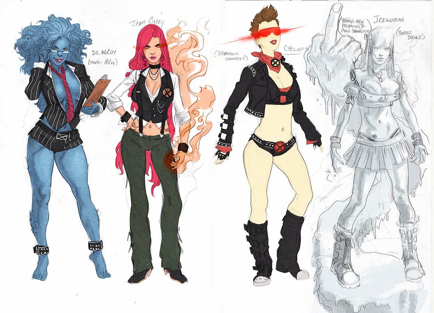 anklet barefoot beast_(x-men) beige_skin blue_fur blue_hair bobby_drake boots bracelet breasts brown_hair character_name choker cleavage clipboard clothes color cyclops_(x-men) english_text eyewear female female_only fire footwear front_view fur furry_breasts glasses hair hand_on_hip hank_mccoy holding human ice iceman jean_grey long_hair looking_at_viewer marvel marvel_comics middle_finger multiple_females multiple_girls mutant navel necklace necktie open_eyes orange_eyes pants red_hair rule34 rule_63 scott_summers short_hair text x-men