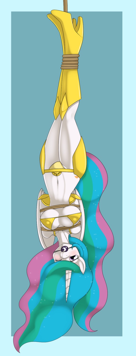 anthro anthrofied ball_gag bdsm big_breasts bondage boots bound bra breasts clothing cutie_mark digital_media_(artwork) e621 equid equine feathered_wings feathers female footwear friendship_is_magic gag gagged hasbro hi_res horn kloudmutt looking_at_viewer mammal my_little_pony mythological_creature mythological_equine mythology one_eye_closed panties princess princess_celestia_(mlp) rope royalty shoes solo submissive submissive_female tail underwear upside_down white_body white_feathers winged_unicorn wings wink