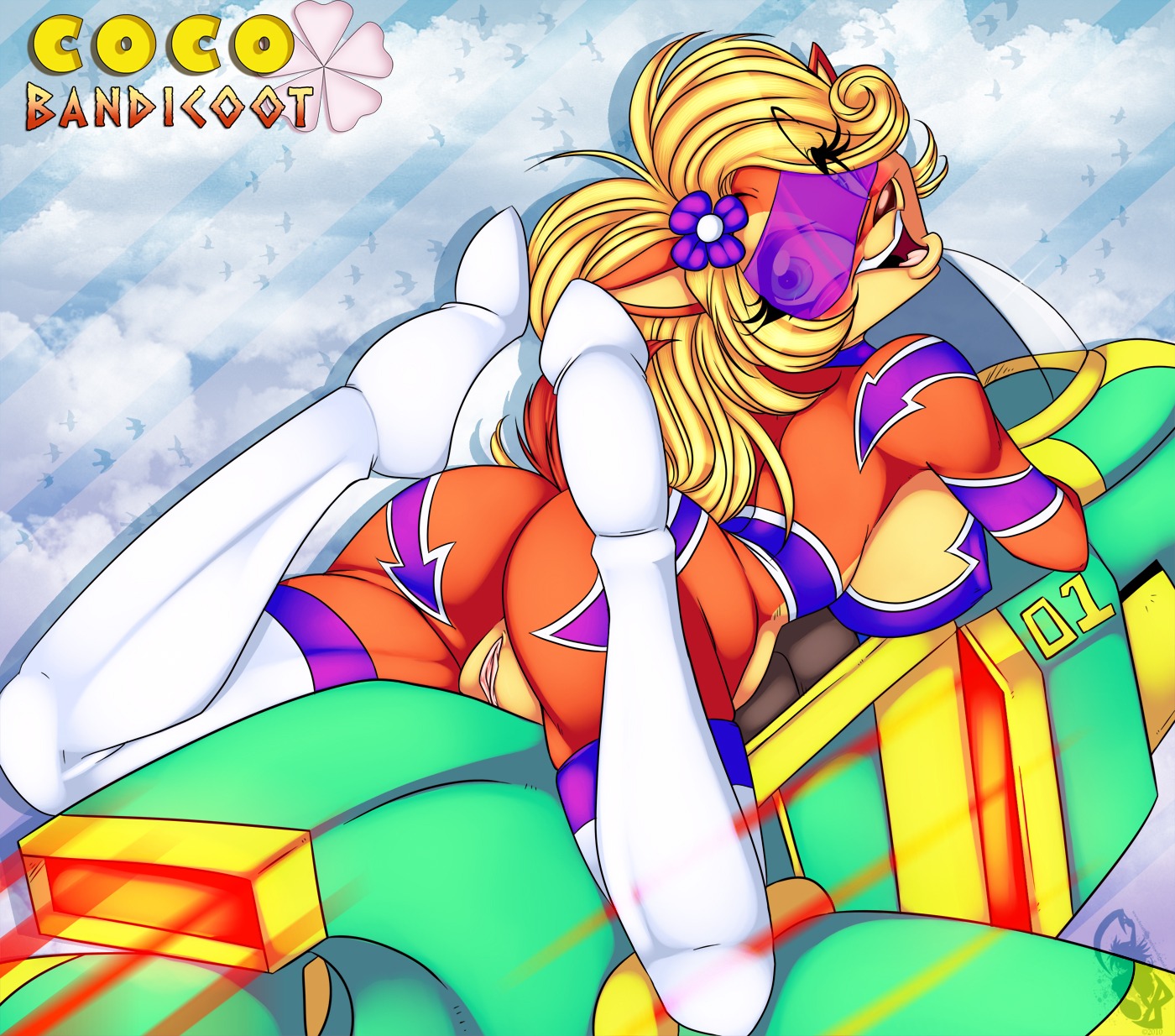 2011 activision aircraft airplane anthro bandicoot big_breasts biped blonde_hair boots breasts brown_nose butt clothing coco_bandicoot crash_bandicoot_(series) crystal-for-ever digital_media_(artwork) e621 eyewear female flower flying footwear genitals glasses hair hi_res legwear lips long_hair looking_at_viewer looking_back lying mammal marsupial nude on_front open_mouth orange_body plant presenting shoes side_boob smile solo spread_legs spreading sunglasses thigh_boots thigh_highs vehicle vulva