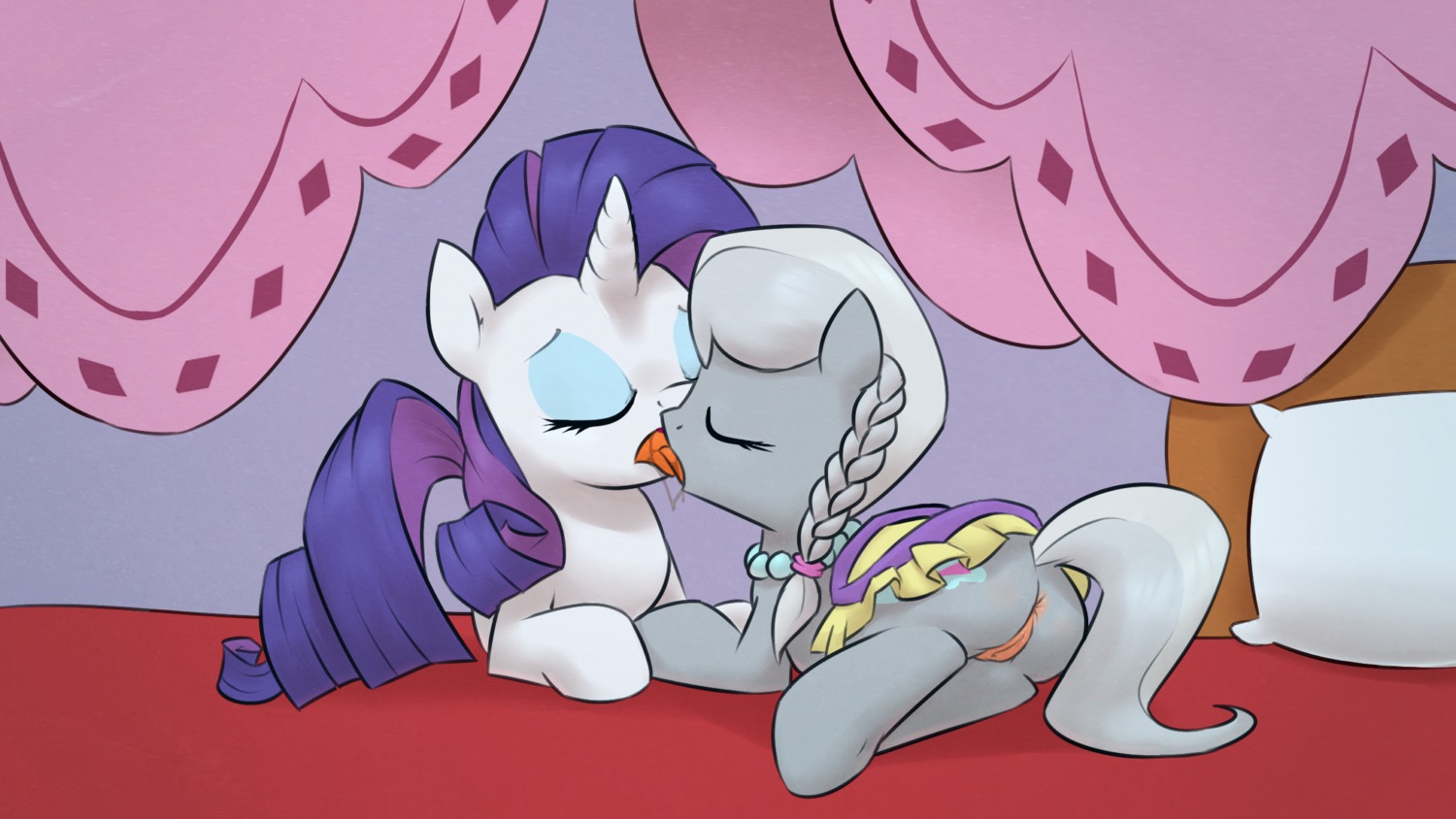 16:9 2013 anus bed bodily_fluids cutie_mark duo e621 earth_pony equid equine eyes_closed fashion_saddle female female/female feral friendship_is_magic fur furniture genitals grey_body grey_fur hair hasbro hi_res horn horse kissing lying mammal my_little_pony mythological_creature mythological_equine mythology on_front pillow ponchuzn pony purple_hair rarity_(mlp) saddle saliva silver_spoon_(mlp) tongue unicorn vulva white_body white_fur widescreen young young_feral