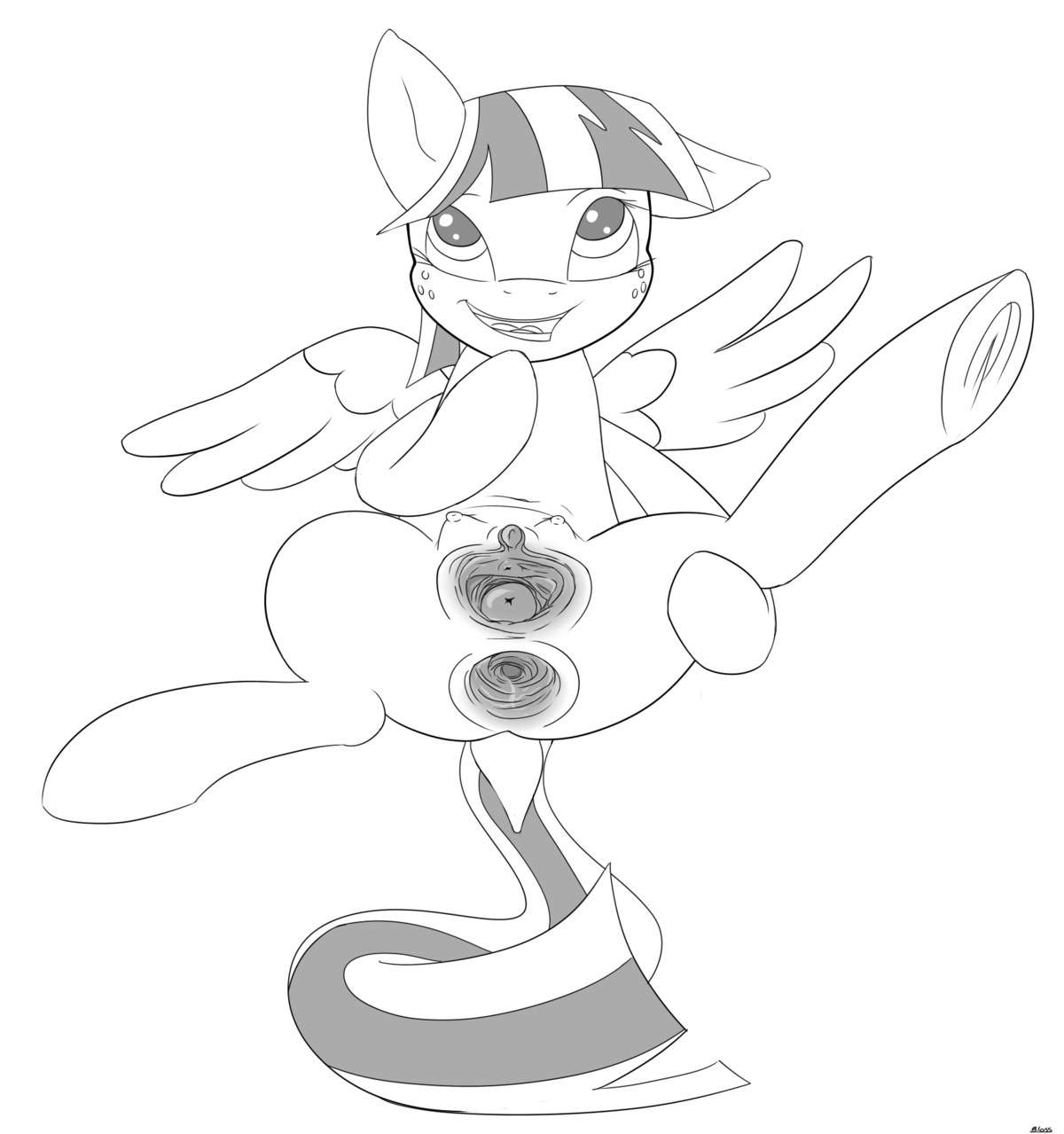 2014 anus bloss blossomforth_(mlp) e621 equid equine feathered_wings feathers female feral freckles friendship_is_magic gaping gaping_anus gaping_vagina genitals greyscale hair hasbro hi_res mammal monochrome multicolored_hair my_little_pony mythological_creature mythological_equine mythology pegasus presenting solo spread_legs spreading teats two_tone_hair vulva wings
