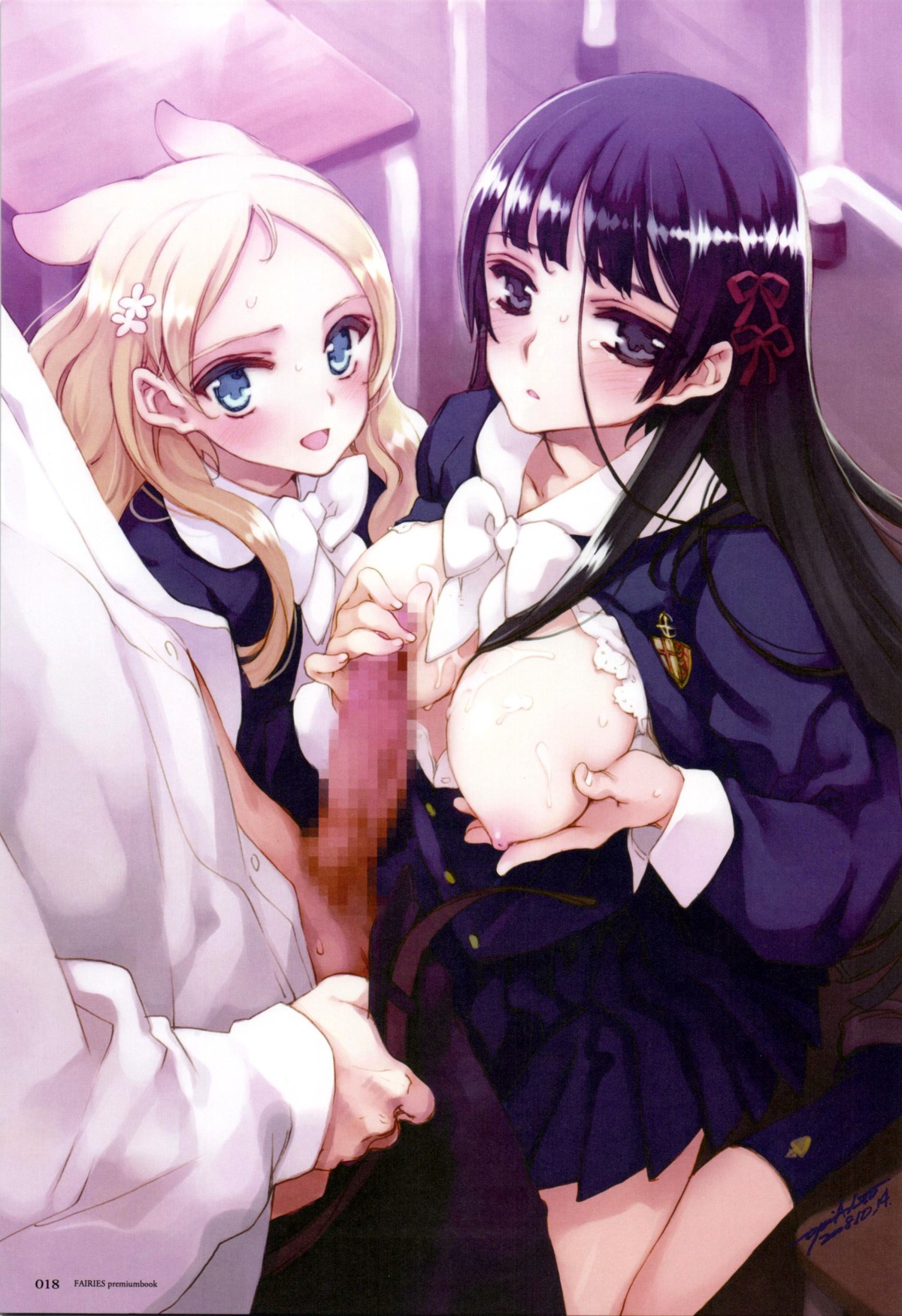 blush breasts censored cum erection female ingrid_(seiken_no_faeries) kuzumi_chizuru male mosaic_censoring nipples open_clothes open_mouth open_shirt oppai oyari_ashito penis rule34 seiken_no_faeries shirt