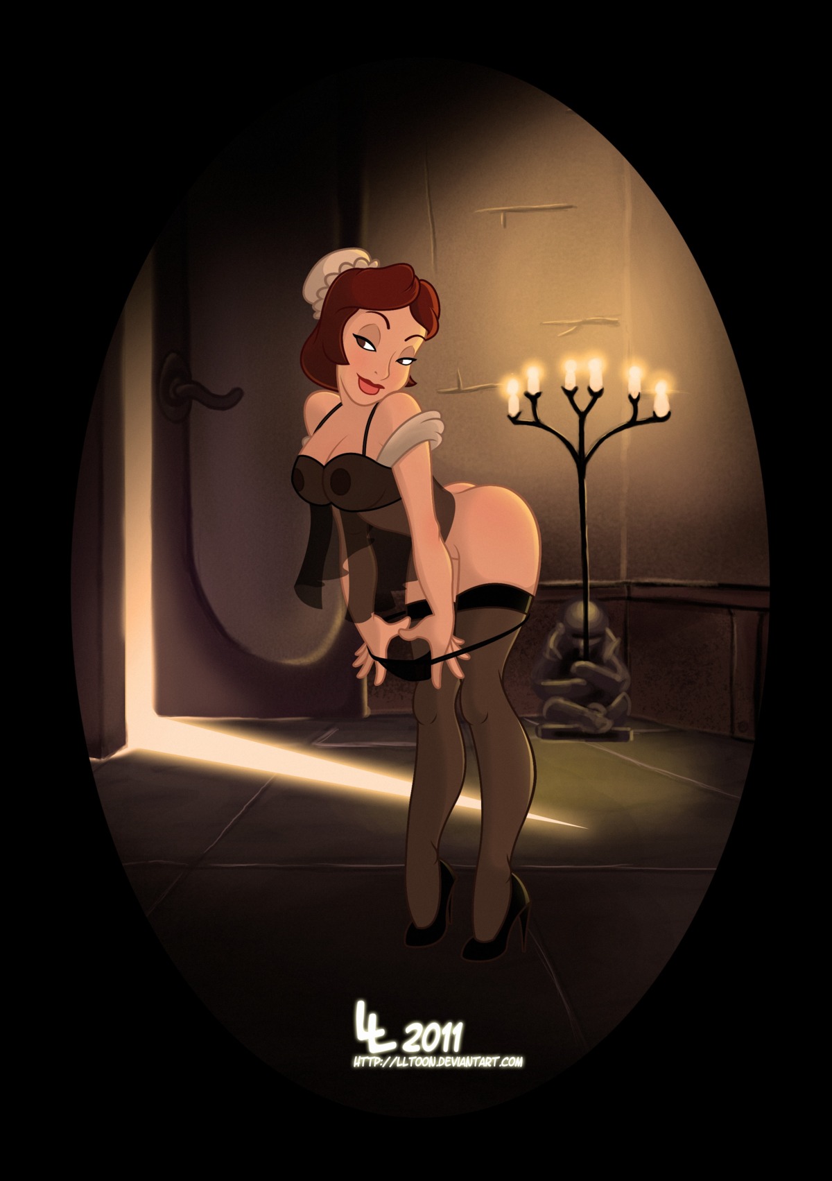 2011 ass babette babydoll beauty_and_the_beast_(1991_film) bedroom_eyes black_lingerie black_socks black_stockings breasts brown_eyes brown_hair cleavage disney female fifi french_maid g-string high_heels human large_breasts levelord lingerie lltoon maid nipples nipples_visible_through_clothing rule34 seductive sheer short_hair socks stockings thigh_socks thighhighs
