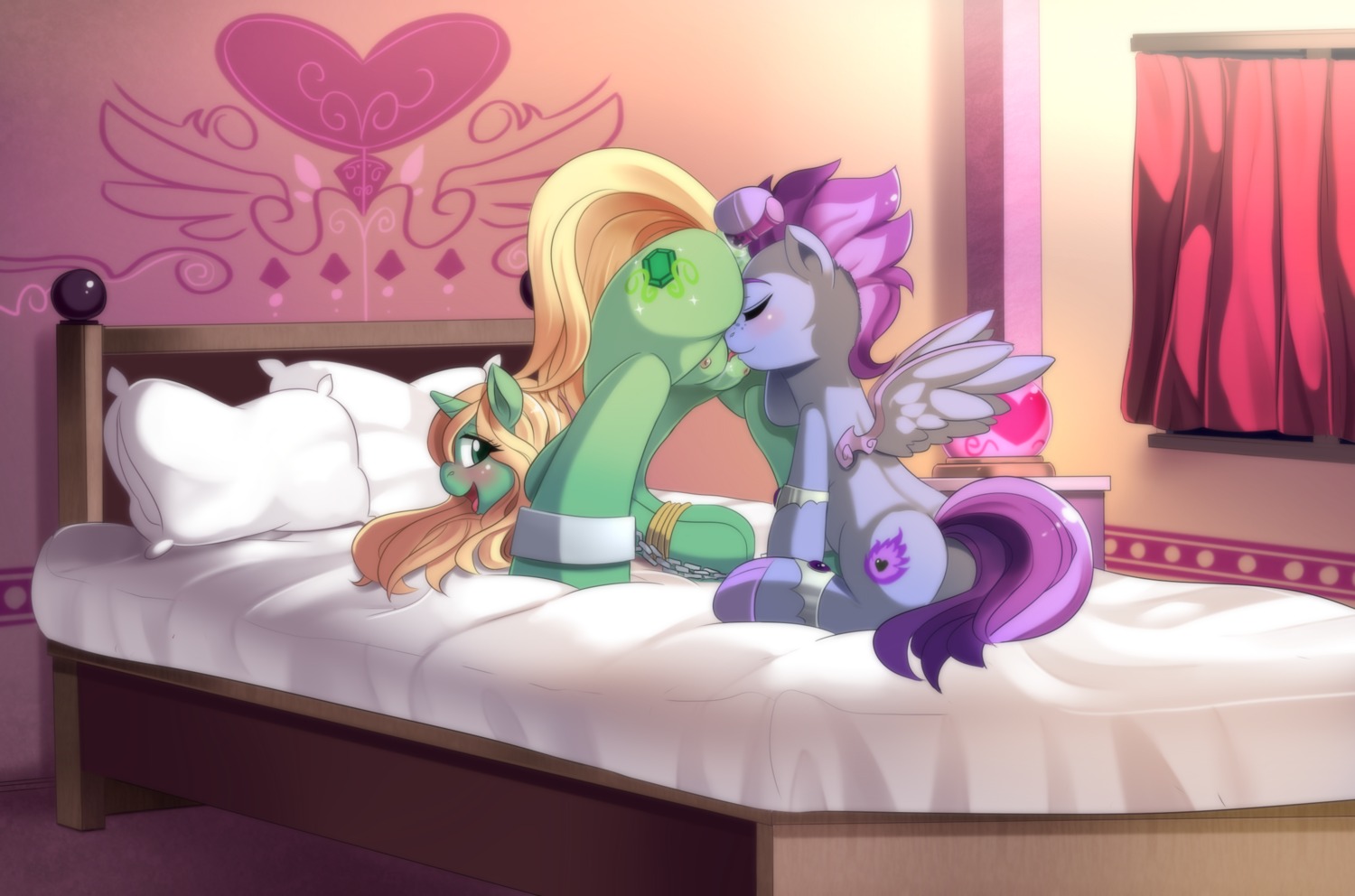 2013 anal anal_penetration ass_up bdsm bed bent_over blonde_hair blush bondage bound cutie_mark dildo dominant dominant_female duo e621 equid equine fan_character feathered_wings feathers female female/female feral fur furniture green_body green_eyes green_fur grey_body grey_fur hair hasbro hi_res horn licking mammal my_little_pony mythological_creature mythological_equine mythology pegasus penetration princess_hinghoi purple_hair sex sex_toy submissive submissive_female teats tongue tongue_out toying_partner unicorn wings
