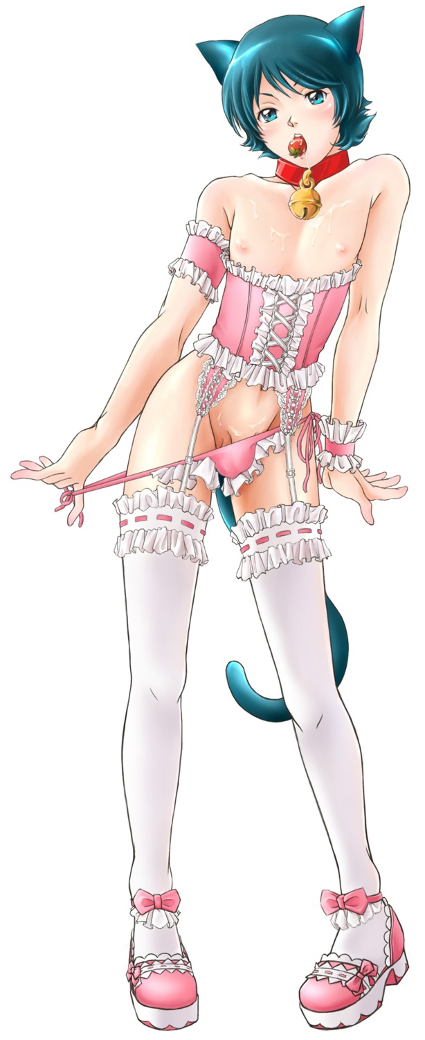 1boy animal_ears blush bow bows bulge cat_boy cat_ears catboy collar color corset crossdressing crossdressing_male femboy food garter garters highres kemonomimi male male_only monster_boy mouth_hold navel panties panty_pull penis rule34 saliva short_hair solo solo_male tail thighhighs underwear