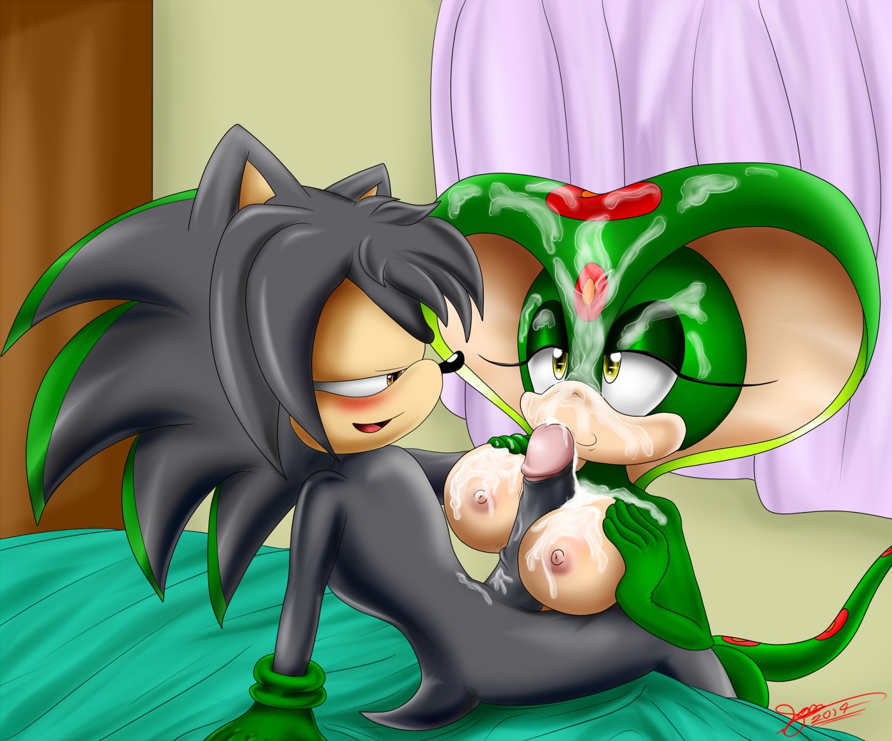 2014 anthro big_breasts bigdon1992 blush bodily_fluids breast_play breasts cobra cum cum_on_face cum_shower duo e621 erection eulipotyphlan fan_character female genital_fluids genitals glans hedgehog humanoid_genitalia humanoid_penis interspecies male male/female mammal mystic_the_cobra nero_(neroth) nipples nude open_mouth orgasm penis reptile scalie sega sex smile snake snake_hood sonic_the_hedgehog_(series) titfuck