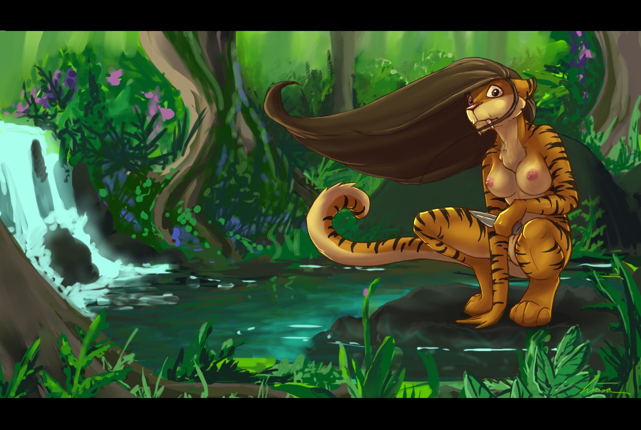 anthro black_bars breasts casual_nudity cinnamonhunter crouching detailed_background digitigrade e621 fangs felid female forest genitals hair jungle knife letterbox long_hair looking_at_viewer mammal nature nipples nude outside pantherine plant prehistoric_species saber-toothed_tiger sabertooth_(anatomy) solo stripes surprised tail teeth tiger tree vulva wallpaper
