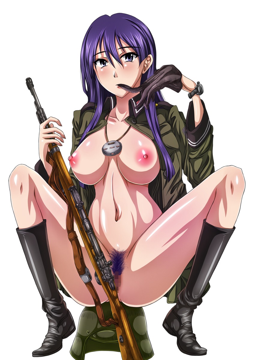 1girls areolae ass belly between_breasts between_legs between_thighs black_gloves black_legwear blush boots bottomless breasts breasts_out buttons censored collarbone covering covering_anus dress_shirt expressionless female fingernails finished full_body gloves gun hair_between_eyes hand_to_mouth headwear_removed helmet helmet_removed highres himeshima_koukichi holding kar-98 kazumiya_rio knee_boots knees lanyard large_areolae large_breasts legs long_fingernails long_hair long_legs looking_at_viewer loose_shirt mauser_98 military military_uniform mouth_hold naked_footwear naked_shirt navel necklace_between_breasts nipples nude open_clothes open_shirt payot pubic_hair puffy_nipples purple_eyes purple_hair pussy rifle rubber_boots rule34 shiny shiny_skin shirt simple_background single_glove sitting sitting_on_object solo sora_no_woto spread_ass spread_legs squatting strap symmetry thick_thighs thighs unbuttoned uniform waist watch weapon white_background wing_collar wristwatch