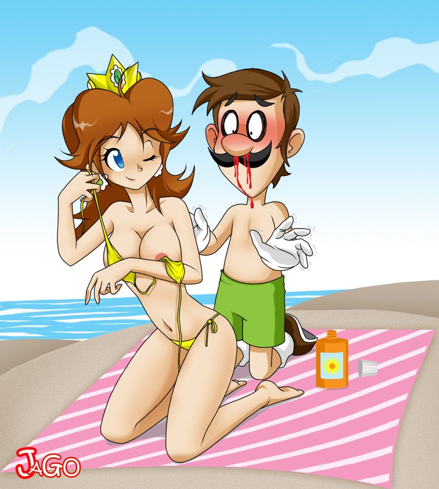 1boy beach black_hair blue_eyes blush breasts brown_hair crown female human jago_dibuja kneeling luigi male mario_(series) moustache navel nintendo nosebleed princess_daisy rule34 swimsuit wink