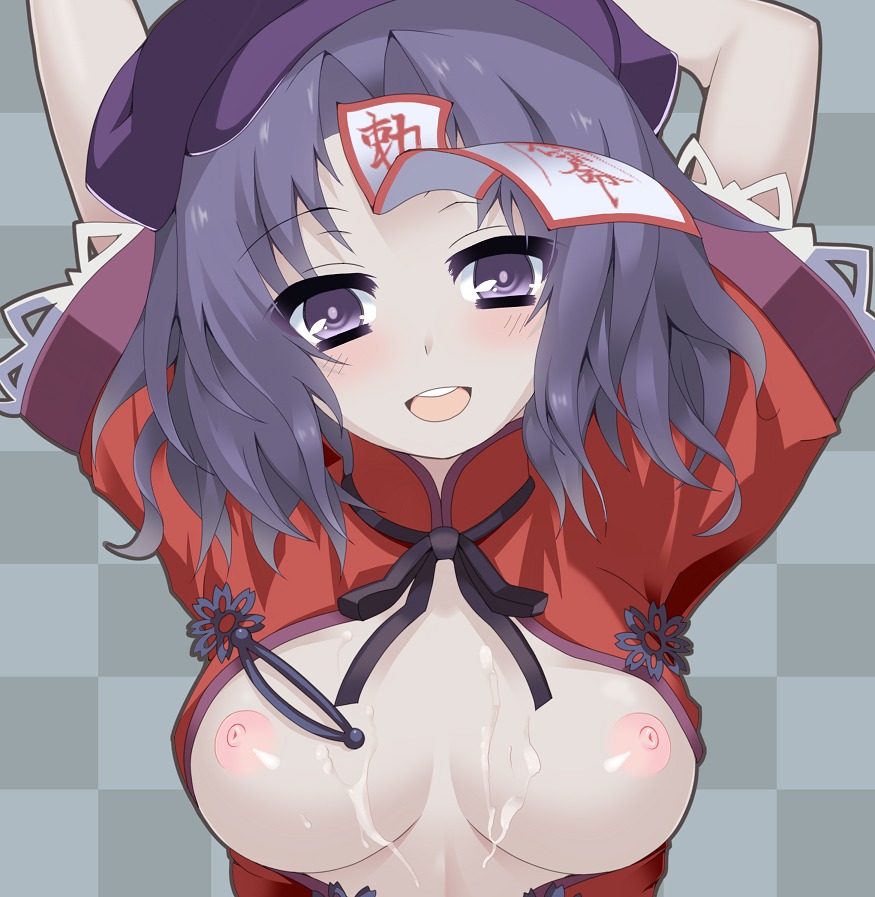 1girls arms_up beret blue_eyes blue_hair blush breasts breasts_apart bust cum cum_on_body cum_on_breasts cum_on_upper_body female hat jiangshi large_breasts looking_at_viewer matsuto_kabun matsuyuki_kabun nipples no_bra ofuda open_clothes open_shirt pale_skin rule34 shirt short_hair simple_background solo touhou yoshika_miyako