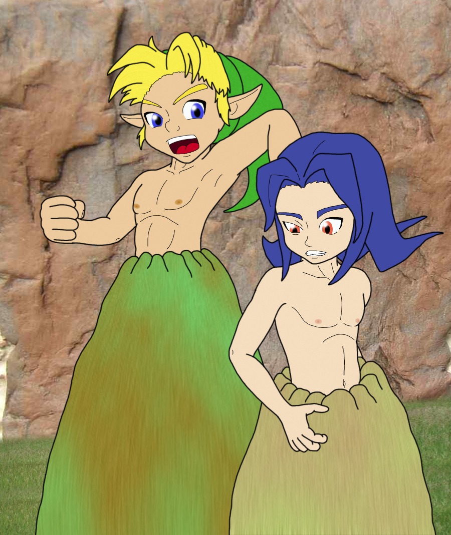 2boys abs blonde_hair blue_hair kafei like_like link majora's_mask male male_nipples male_only monster_on_male nipples nude pecs pointy_ears rule34 struggling the_legend_of_zelda vore young young_link