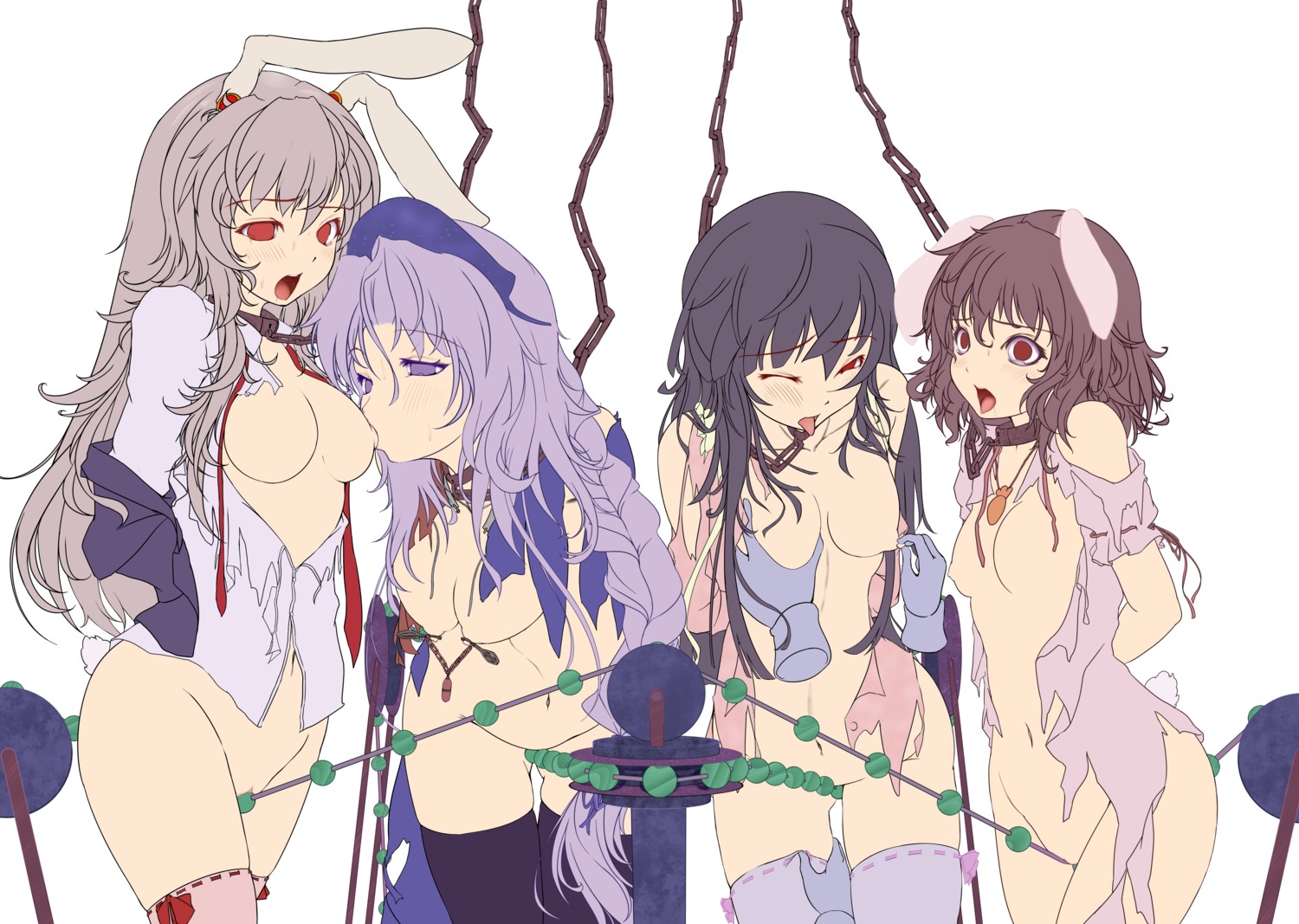 4girls animal_ear artist_request bead_sex_machine blank_eyes bondage breast_sucking breasts bunny_ear chains collar eirin_yagokoro empty_eyes female femsub hands high_resolution kaguya_houraisan monikano multiple_females multiple_girls multiple_subs nipple_clamps nipple_tweak nipples no_bra no_panties reisen_udongein_inaba rule34 tewi_inaba thighhighs torn_clothes touhou work_in_progress yuri