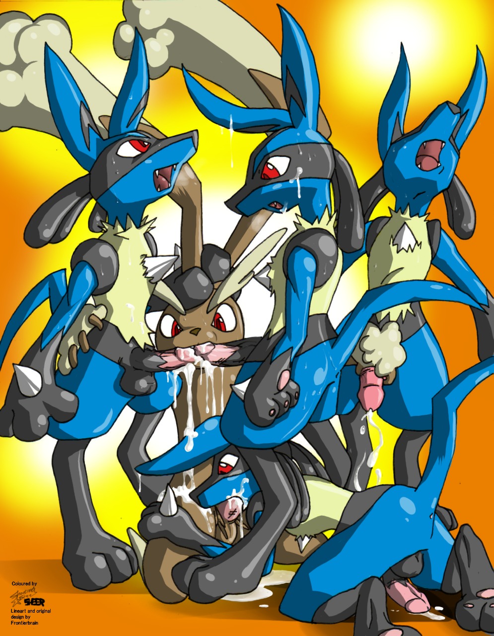 anthro backsack balls black_penis blue_body blue_fur bodily_fluids brown_body brown_fur canid canine cum cumshot double_fellatio double_oral e621 ejaculation erection fangs fellatio frontierbrain fur gangbang generation_4_pokemon genital_fluids genitals group group_sex hand_on_head handjob hi_res humanoid_genitalia humanoid_penis interspecies kneeling lagomorph long_ears lopunny lucario male male/male male_penetrated male_penetrating male_penetrating_male mammal messy multicolored_penis nintendo open_mouth oral oral_penetration orgasm penetration penile penis pink_penis pokemon pokemon_(species) red_eyes sex sheer_(artist) standing sweat tail teeth toony two_tone_penis