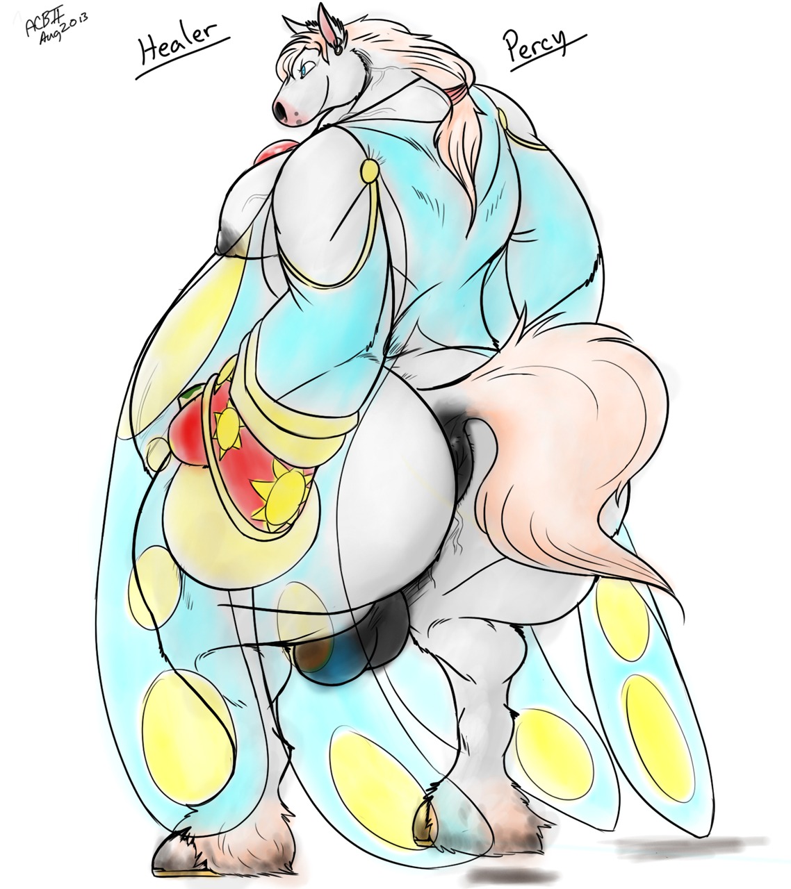2013 anthro anus areola backsack balls belly big_breasts big_butt biped bottomless breasts butt canteen cloth clothed clothing draft_horse e621 equid equine gem genitals gynomorph hair hi_res horse intersex mammal nipples ponytail riis robe solo translucent translucent_clothing