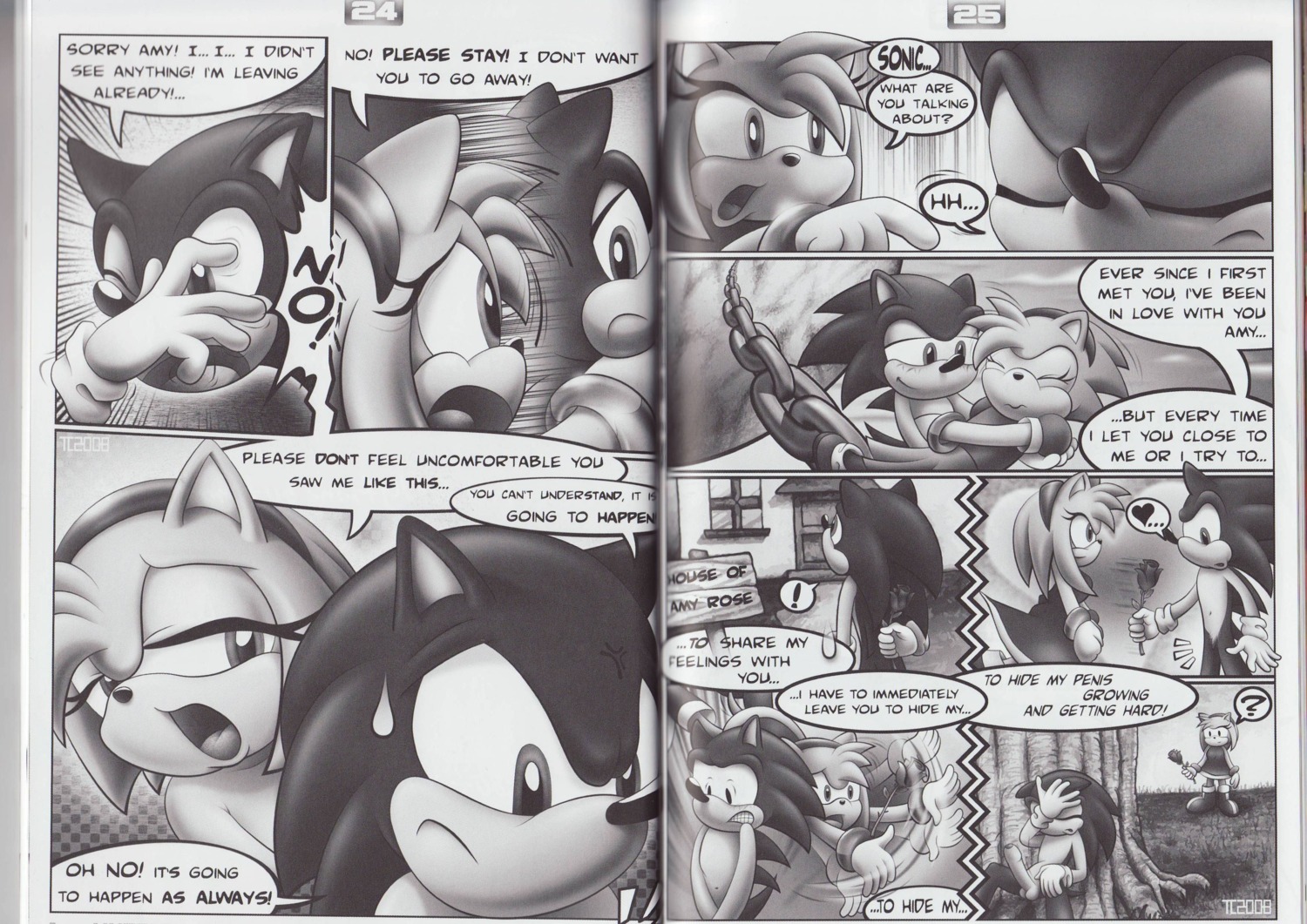 absurd_res amy_rose amy_untold anthro bodily_fluids chain comic dialogue duo e621 english_text erection eulipotyphlan female genitals greyscale hedgehog hi_res love male mammal monochrome mostly_nude penis question_mark sega sonic_the_hedgehog sonic_the_hedgehog_(series) sweat sweatdrop tc text