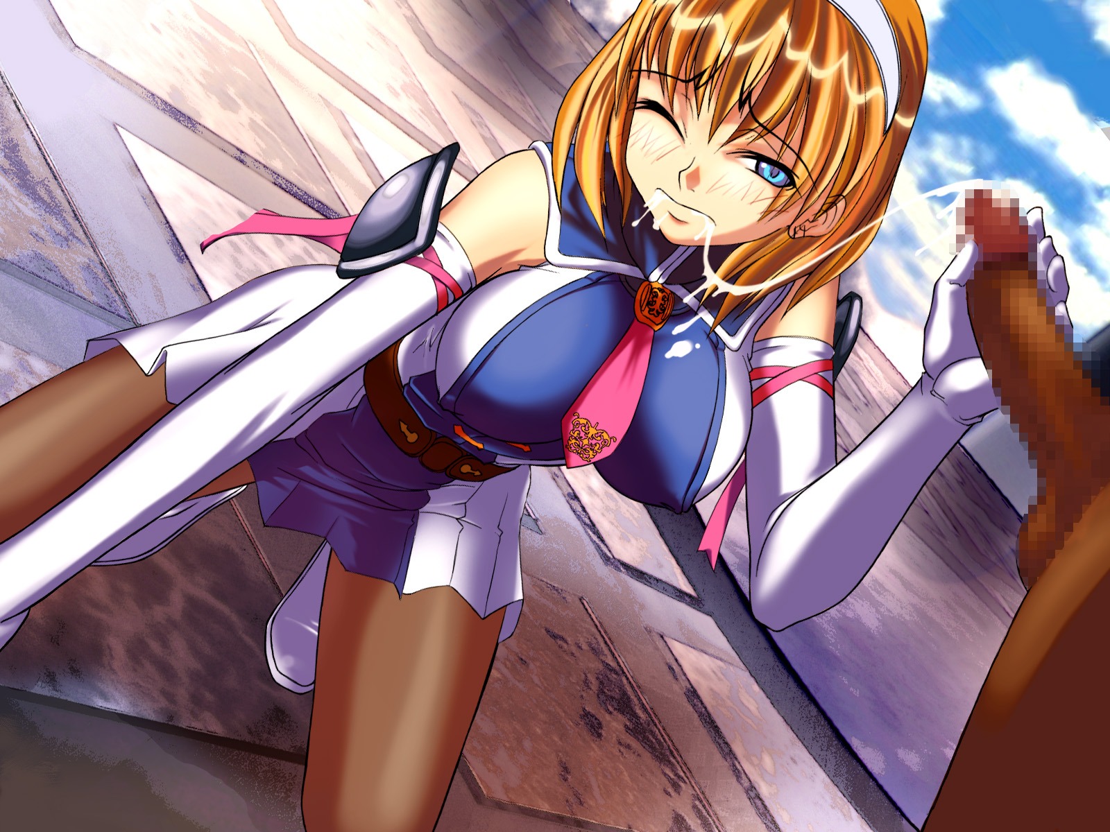 blonde_hair blue_eyes cassandra_alexandra censored cum dark-skinned_male dark_penis dark_skin fellatio female hairband highres human interracial male ookami_yuuki oral pantyhose penis rule34 soul_calibur straight wink