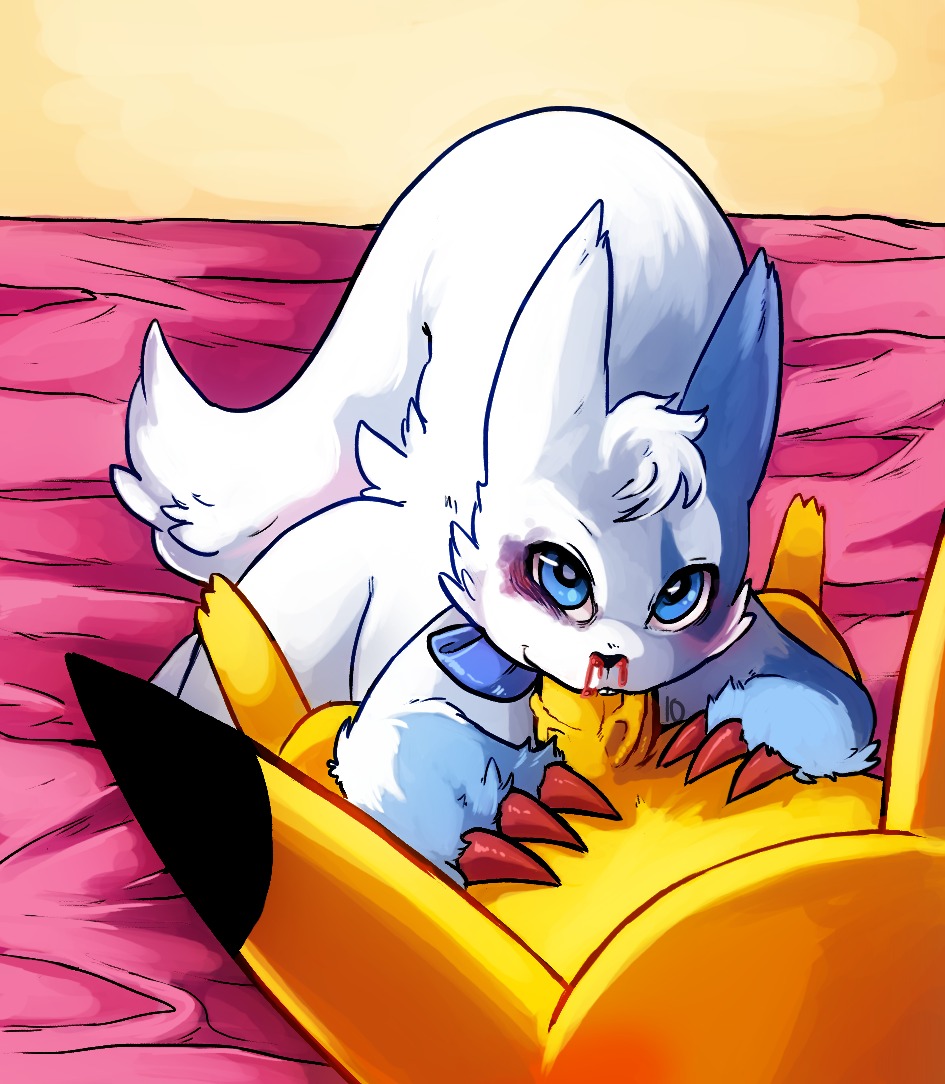 2014 alternate_color ambiguous_gender anthro barefoot blood blue_eyes blush bodily_fluids claws close-up duo e621 erection feet fellatio fur generation_1_pokemon generation_3_pokemon genitals gore herpestid long_ears lying male mammal nintendo nosebleed nude on_back oral oral_penetration penetration penile penis pikachu pokemon pokemon_(species) ribbons rodent sex shiny_pokemon tail teeth tingtongten vein veiny_penis zangoose