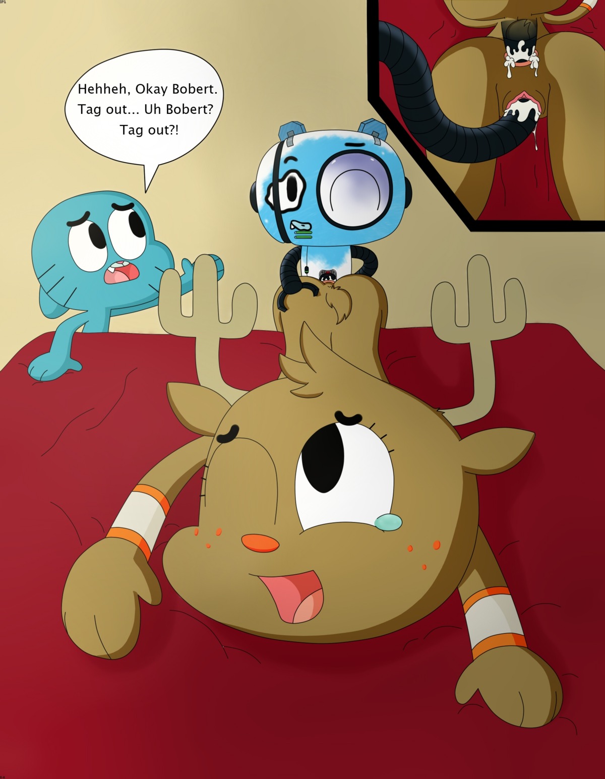anal anal_penetration anthro bed bobert_6b bodily_fluids bpq00x cartoon_network cuckold cum cum_in_ass cum_in_vagina cum_inside deer dialogue domestic_cat double_penetration e621 english_text erection felid feline felis female from_behind_position furniture genital_fluids genitals group group_sex gumball_watterson hi_res loli machine male male/female mammal nude penetration penis penny_fitzgerald robot sex text the_amazing_world_of_gumball threesome trio vaginal vulva young young_anthro