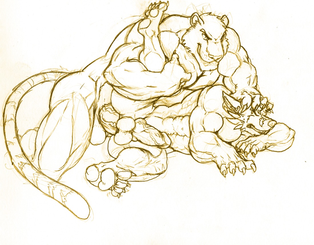 2013 abs anal anal_penetration animal_genitalia animal_penis anthro anthro_on_anthro balls biceps big_muscles big_penis canid canine canine_genitalia canine_penis canis claws domestic_dog duo e621 erection felid fur genitals head_grab humanoid_genitalia humanoid_penis hybrid_genitalia hybrid_penis interspecies leg_grab lying male male/male male_penetrated male_penetrating male_penetrating_male mammal muscular muscular_male nightterror nude on_side pantherine pecs penetration penis sex sheath sketch thick_penis vein veiny_penis