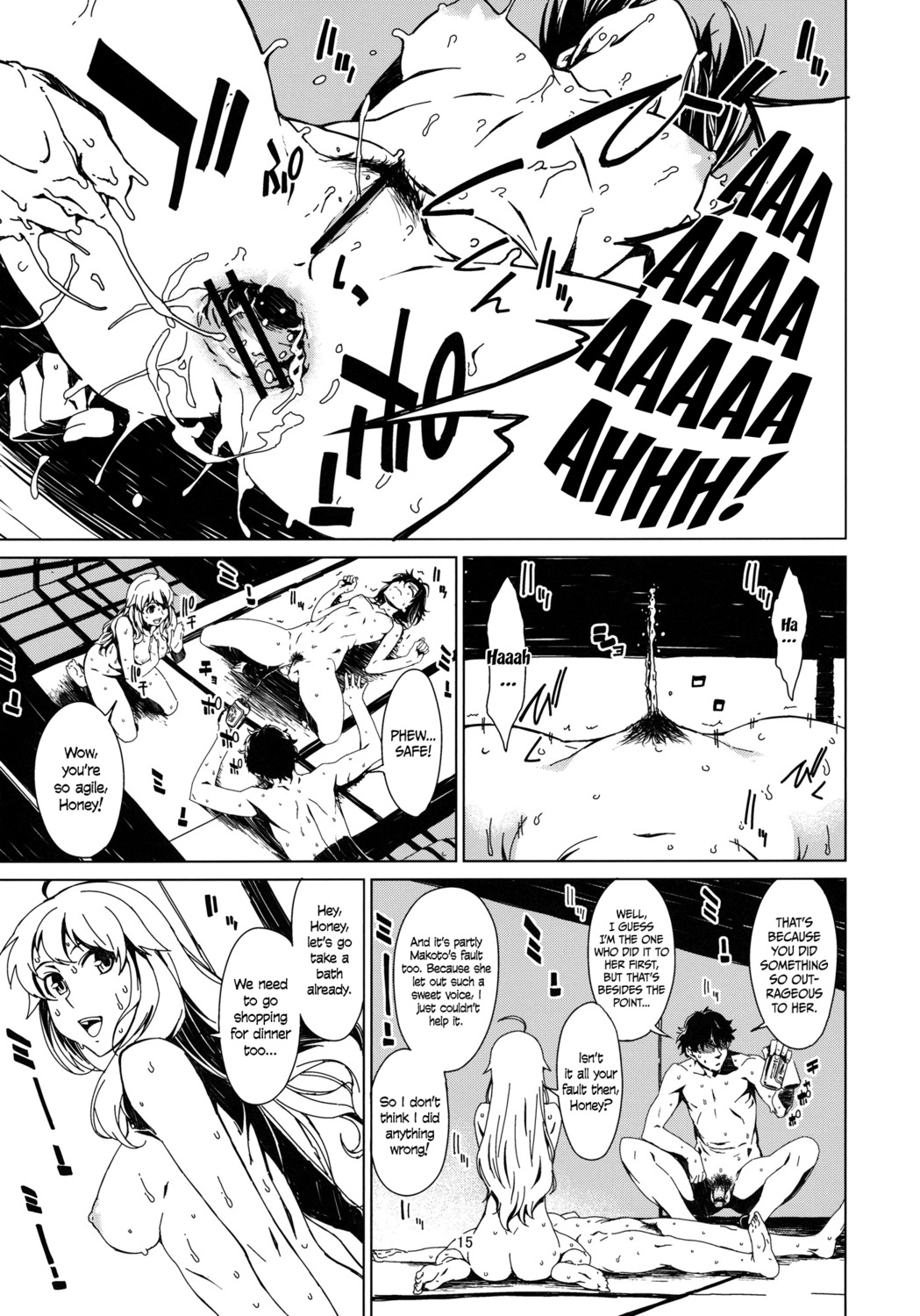 1boy 2girls anal anal_fisting backlighting black_hair blonde_hair blue_sky censored comic english_text female fisting food hoshii_miki idolmaster kikuchi_makoto leg_grab long_hair male mouth_hold multiple_females multiple_girls navel nipples nude open_mouth oppai page_15 paper_fan popsicle producer_(idolmaster) right_to_left rule34 shadow short_hair shouji spread_legs summer sweat sweatdrop takemura_sesshuu translated tree tupet yuri