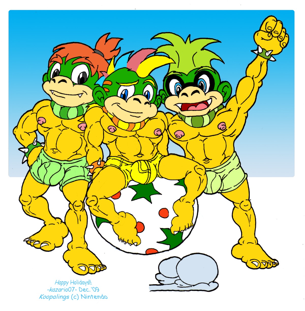 anthro bowser_jr. iggy_koopa kazario07 koopaling koopalings lemmy_koopa male male_only mario_(series) navel nintendo nipples rule34 straight_hair