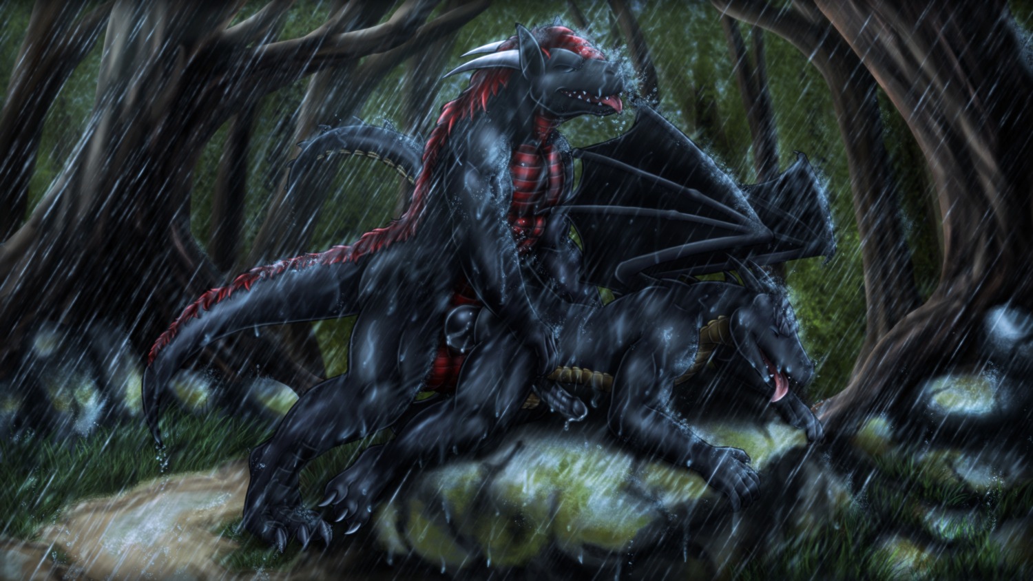 16:9 2014 all_fours anthro balls biceps big_balls black_body black_penis black_skin bodily_fluids claws countershading cum detailed_background doggystyle dragon dream_and_nightmare duo e621 erection european_mythology eyes_closed fangs feet forest from_behind_position genital_fluids genitals hair hi_res hindpaw horn humanoid_genitalia humanoid_penis hybrid_genitalia hybrid_penis knot male male/male membrane_(anatomy) membranous_wings muscular mythological_creature mythological_scalie mythology nature nude open_mouth outside paws penis plant raining red_hair reptile rock scalie sex tail teeth tongue tongue_out tree western_dragon wet widescreen wings