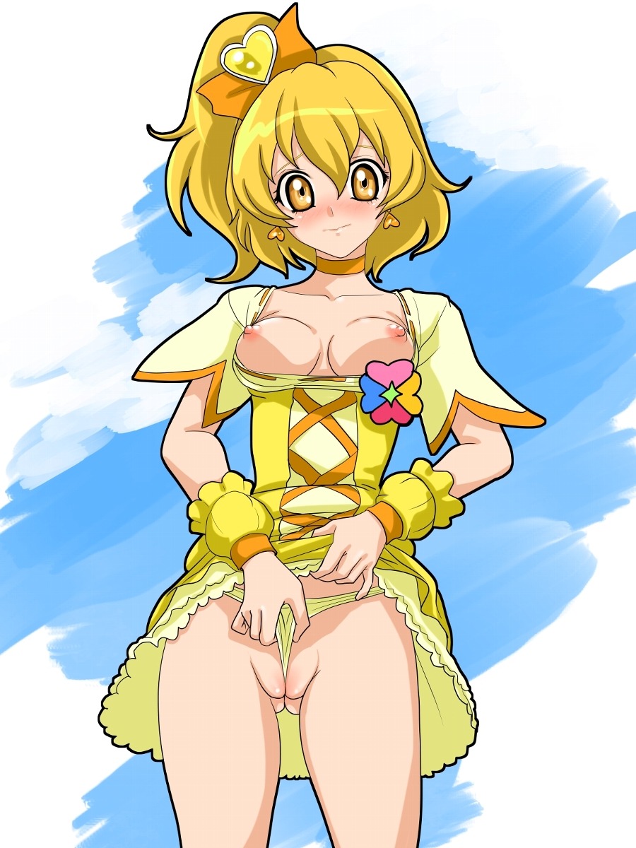 agahat blonde_hair blush bow breasts cameltoe clothing cure_pine dress female framed_breasts fresh_precure! fresh_pretty_cure! highres magical_girl panties panty_pull precure pretty_cure pussy rule34 short_hair small_breasts uncensored yamabuki_inori