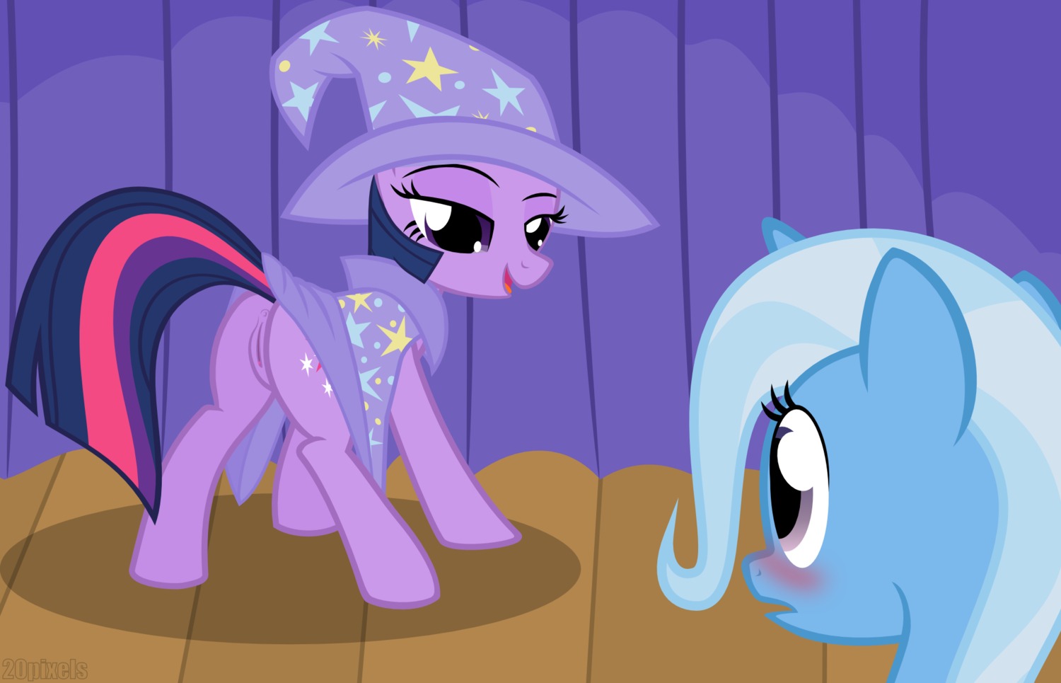 2012 20pixels anus blue_hair blush butt cape clothing colored_outline cutie_mark duo e621 equid equine female feral friendship_is_magic fur genitals hair hasbro hat headgear headwear hi_res horn long_hair looking_back mammal multicolored_hair my_little_pony mythological_creature mythological_equine mythology presenting purple_body purple_eyes purple_fur purple_hair quadruped smile tail trixie_(mlp) twilight_sparkle_(mlp) two_tone_hair unicorn vulva wizard_hat