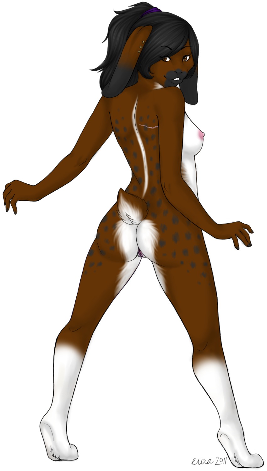 breasts brown_eyes e621 ear_piercing eura female genitals hi_res lagomorph leporid looking_at_viewer looking_back mammal nipples nude piercing rabbit simple_background solo standing vulva white_background