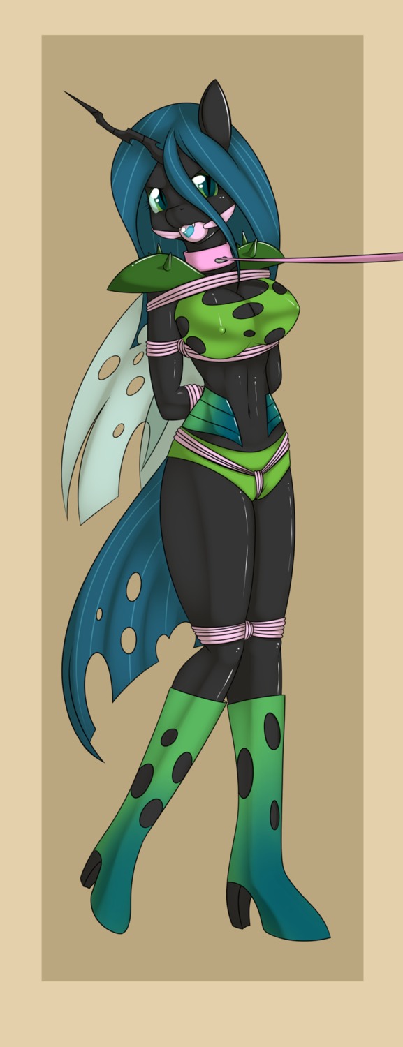 2012 anthro anthrofied arthropod ball_gag bdsm bondage bound breasts changeling_(mlp) cleavage clothed clothing digital_media_(artwork) e621 female friendship_is_magic gag gagged hair hasbro hi_res horn insect_wings kloudmutt long_hair looking_at_viewer my_little_pony panties queen_chrysalis_(mlp) solo submissive submissive_female underwear wings