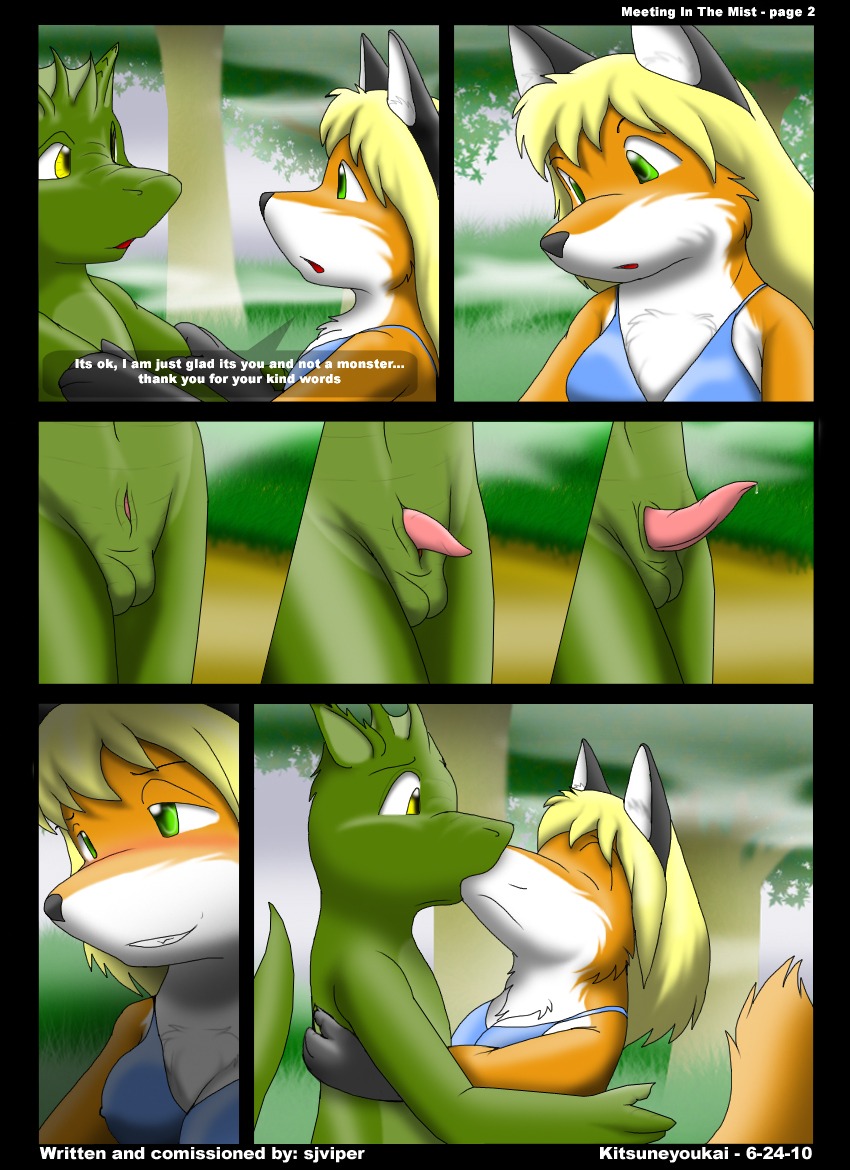 2010 animal_genitalia anthro balls blonde_hair breasts canid canine clothed clothing comic duo e621 female fox genital_slit genitals hair half-erect interspecies kissing kitsune_youkai male mammal nude outside penis penis_tip reptile scalie tail