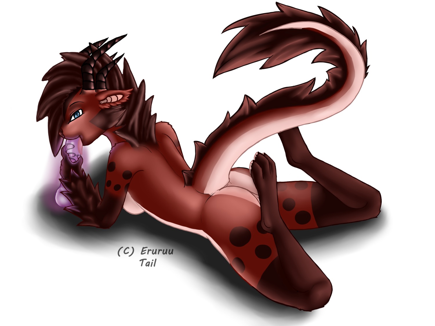 4:3 anthro biped blue_eyes breasts butt dildo dragon e621 eruruutail female fur genitals hi_res horn lying masturbation mythological_creature mythological_scalie mythology non-mammal_breasts on_front oral oral_penetration penetration pink_dildo scalie sex_toy simple_background smile solo sucking tail toying_self transparent_dildo transparent_sex_toy vulva white_background
