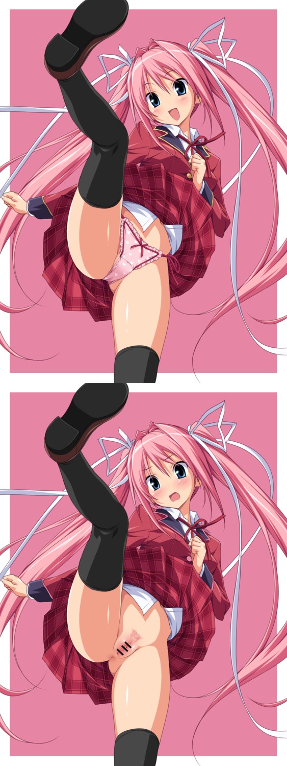 black_legwear black_thighhighs blue_eyes blush censored female hair_ribbon highres kodama_izayoi koku long_hair no_panties panties pink_hair pink_panties pubic_hair pussy ribbon rule34 stellula_eques thighhighs tied_hair twintails underwear very_long_hair
