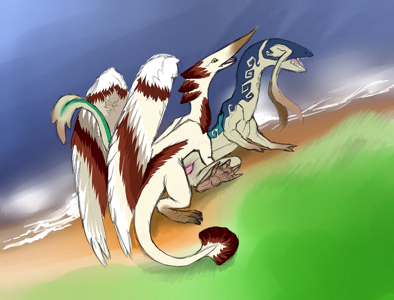 beach dragon duo dutch_angle e621 erection feathers female feral genitals guardian guardian_of_air guardian_of_water leg_glider_position male male/female mr2cats mythological_creature mythological_scalie mythology nude outside penis raised_leg scalie seaside sex sex_on_the_beach tail torchlight torchlight_2 vulva
