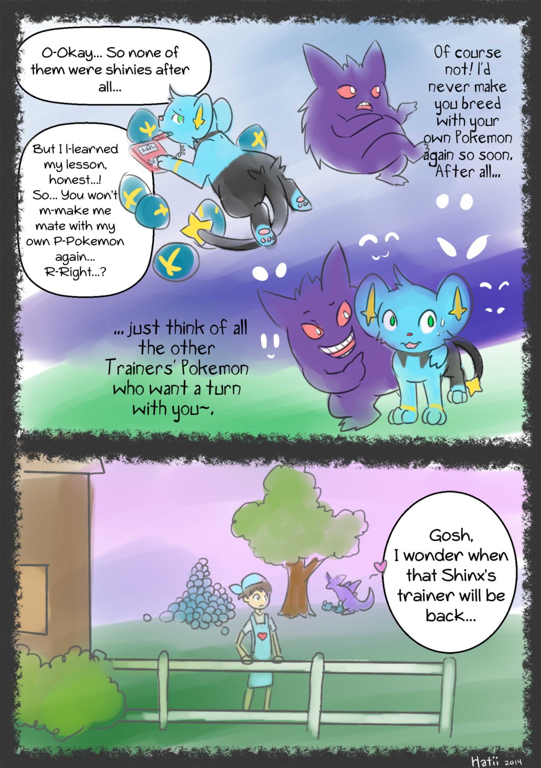 after_transformation all_fours ambiguous_gender black_body black_fur blue_body blue_fur breeding_slave comic concern daycare e621 egg english_text felid female feral fur generation_1_pokemon generation_4_pokemon gengar green_eyes group hatiimiga hi_res jaki-kun_(character) lying male mammal nidoking nintendo nude on_back on_front oviposition pokemon pokemon_(species) possession red_eyes sex shinx shocked shy surprised text worried