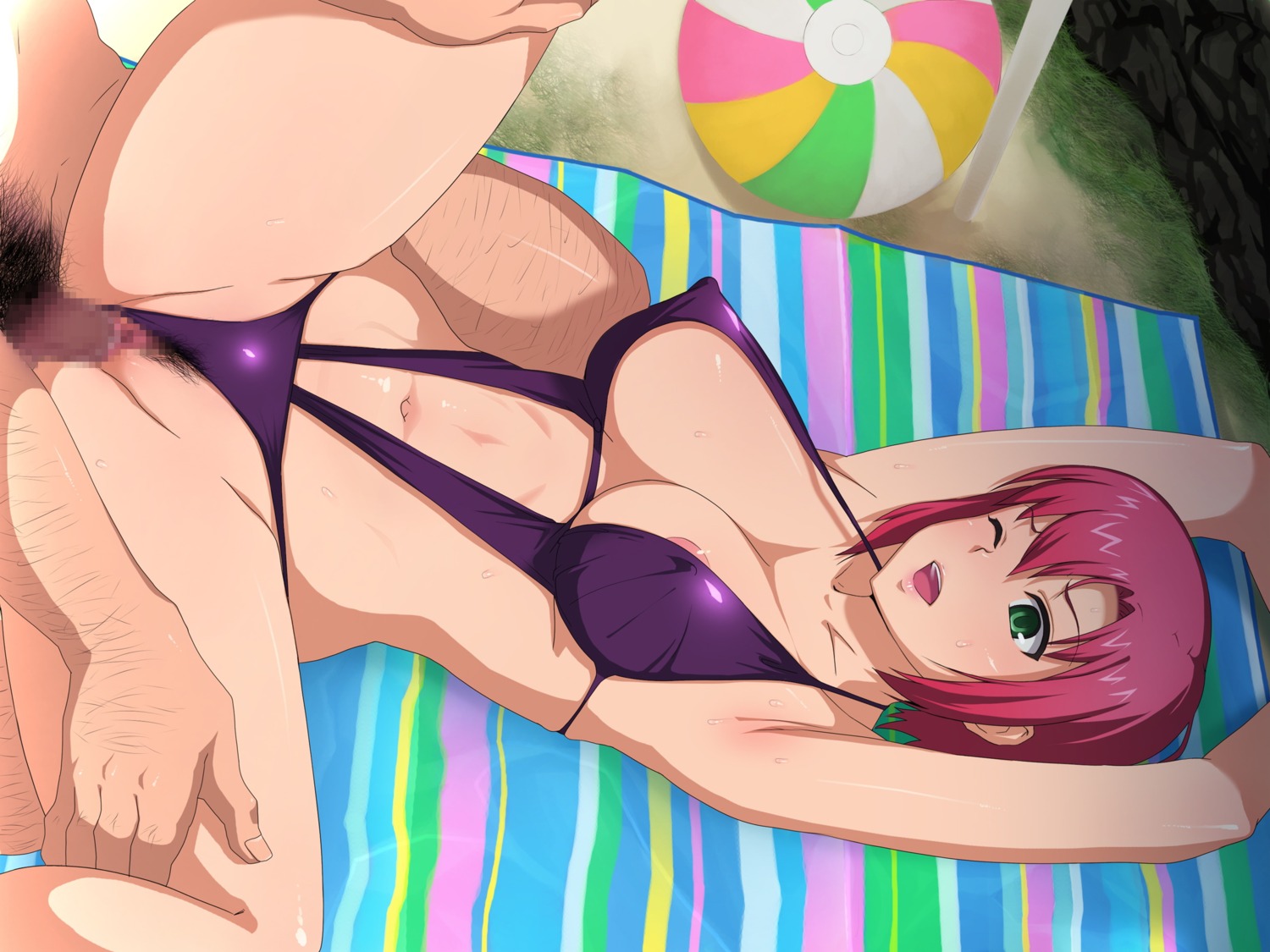 censored erect_nipples female green_eyes nipples one-piece_swimsuit pointy_chin red_hair rio_rollins rule34 sling_bikini sling_bikini_aside super_blackjack wink