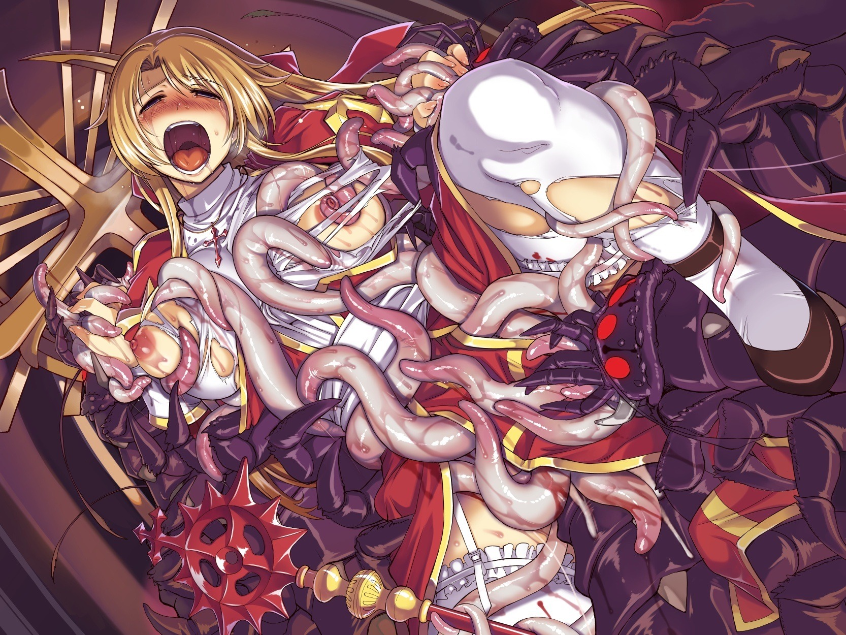 ambiguous_penetration blonde_hair blush breasts centipede closed_eyes clothing covered_penetration cross dress female high_priest highres implied_penetration implied_sex insects large_breasts long_hair monster open_mouth ragnarok_online rape rule34 saliva sex_under_clothes sex_under_dress stockings tear tentacle tentacle_under_dress tentacles_under_clothes torn_clothes xration