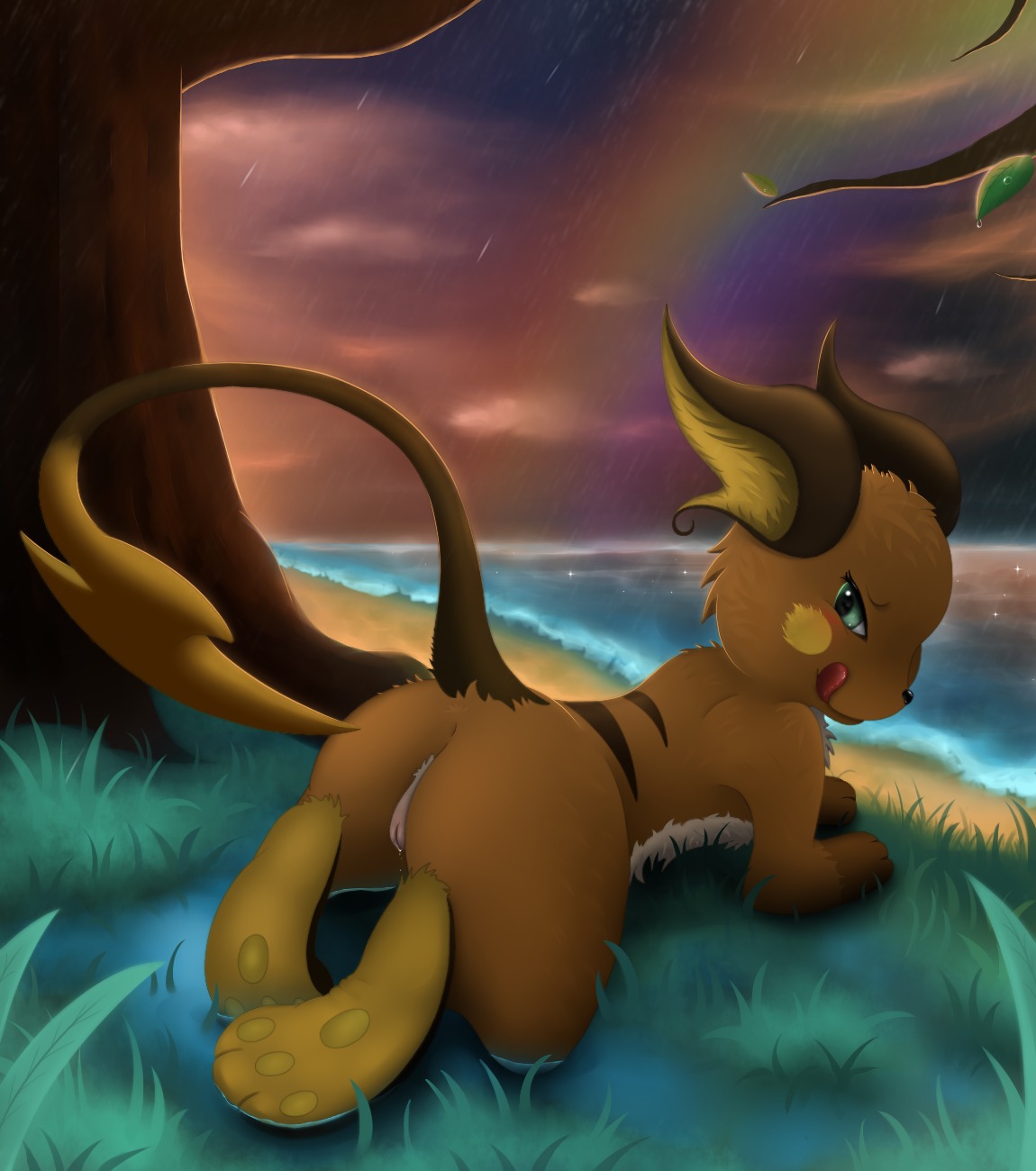 beach black_body black_nose black_skin bodily_fluids brown_body brown_skin butt cloud detailed_background e621 feet female feral fur generation_1_pokemon genital_fluids genitals glistening grass green_eyes happy hi_res hindpaw leaf looking_at_viewer looking_back lying mammal meraence nintendo on_front orange_body orange_fur outside pawpads paws pink_body pink_skin plant pokemon pokemon_(species) presenting presenting_hindquarters presenting_vulva raichu rainbow rainbow_arch raining rodent sand sea seaside seductive shadow sky smile soles solo tongue tongue_out tree vaginal_fluids vulva water wood yellow_body yellow_fur yellow_skin