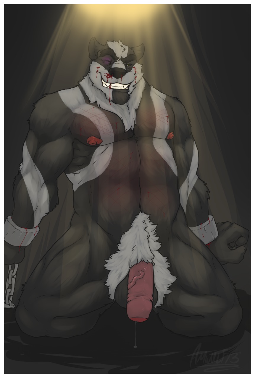 2013 abs amwulf anthro badger balls biceps biped black_nose blood bodily_fluids border bound bruised bruised_eye chain cuff_(restraint) e621 foreskin genital_fluids genitals grin half-erect hi_res humanoid_genitalia humanoid_penis kneeling looking_at_viewer male mammal muscular muscular_anthro muscular_male mustelid musteline nipples partially_retracted_foreskin pecs penis precum pubes restraints scar shackles smile solo submissive submissive_male white_border wounded