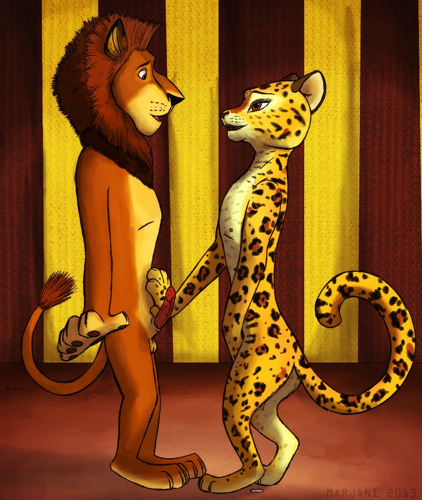 2013 4_toes alex_(madagascar) anatomically_correct animal_genitalia animal_penis anthro balls bodily_fluids circus cum digitigrade dreamworks duo e621 erection eye_contact feet felid feline_genitalia feline_penis female genital_fluids genitals gia_(madagascar) hindpaw interspecies jaguar lion looking_at_another madagascar_(series) male mammal marjani nude pantherine paws penile_spines penis standing tail toes vaginal_fluids