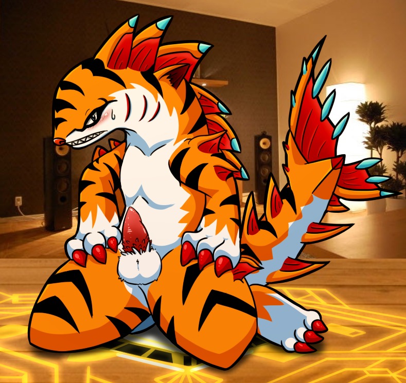 anthro aquatic balls biped blush claws digital_media_(artwork) e621 erection felid fish fur genitals hybrid inside invizimals kneeling looking_at_viewer male mammal nude orange_body orange_fur pantherine penile_spines penis shark solo stripes tail tapering_penis tiger tigershark_(invizimals) vavacung white_balls
