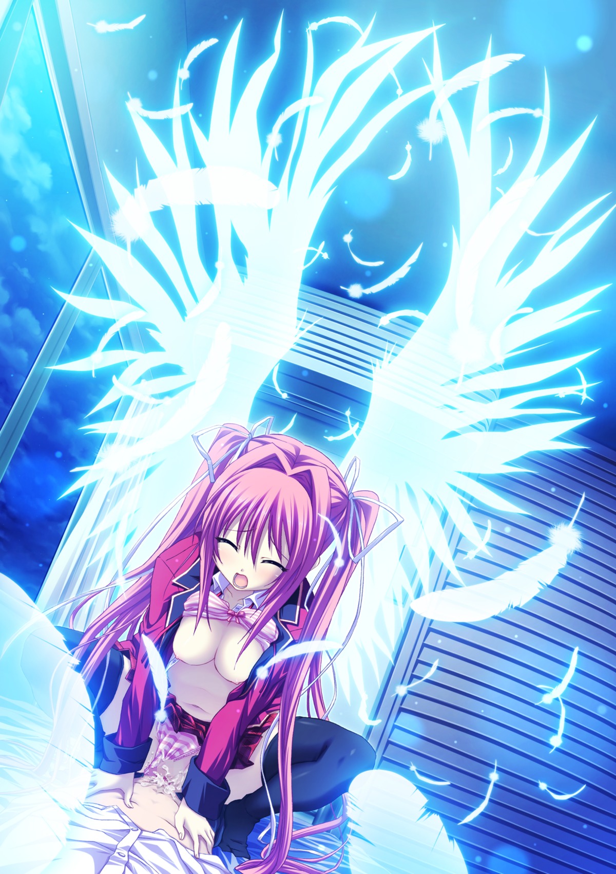 angel_wings black_legwear blazer breasts closed_eyes clothed_sex cowgirl_position cum cum_inside female game_cg highres kodama_izayoi koku long_hair long_sleeves nipples panties panties_aside pink_hair rule34 sex skirt stellula_eques straddle striped striped_panties thighhighs twintails underwear wings