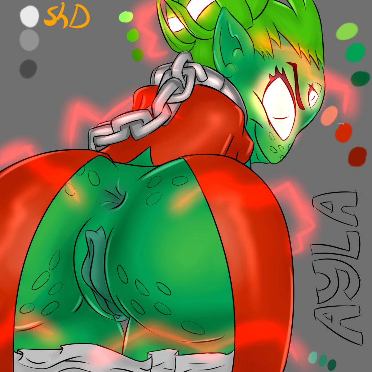 1:1 alien anus awesomenauts ayla_(awesomenauts) big_breasts breasts butt e621 female genitals glowing glowing_eyes green_hair green_vulva hair hi_res looking_at_viewer looking_back not_furry pupils slit_pupils smile solo unknown_artist vulva