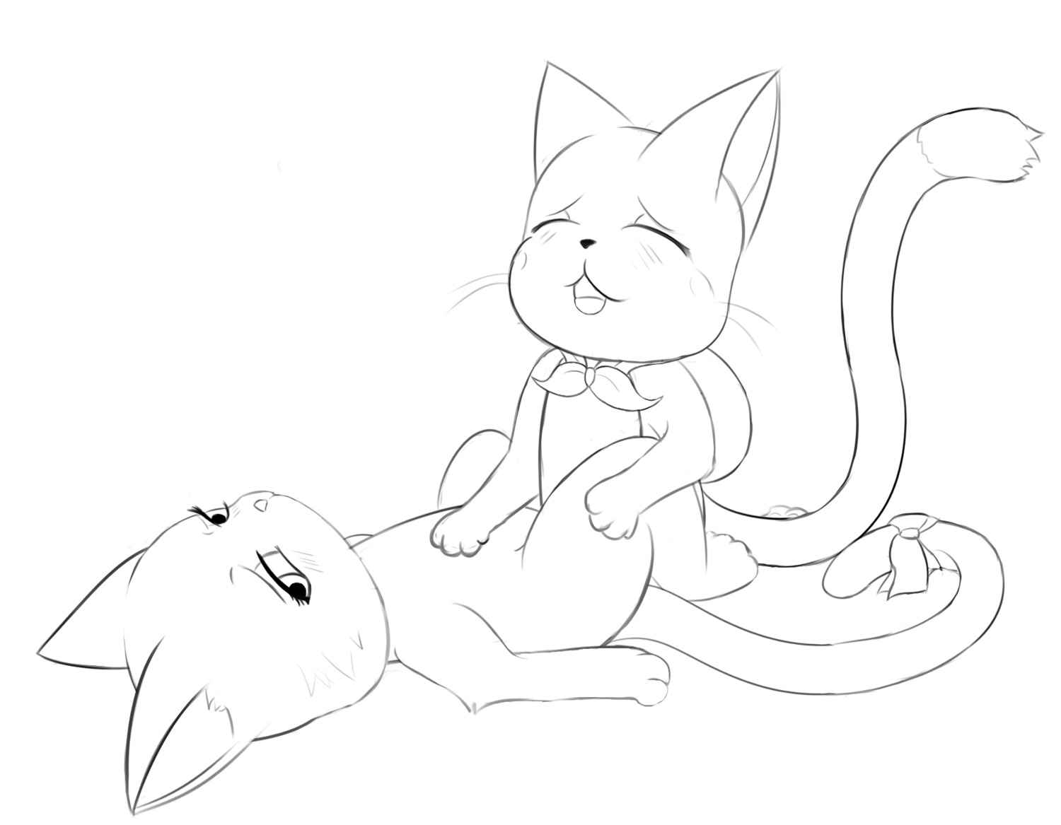 anthro anthro_on_anthro anvil_position blush charle_(fairy_tail) domestic_cat duo e621 exceed eyes_closed fairy_tail felid feline felis female female_penetrated from_front_position happy_(fairy_tail) hi_res legs_up long_tail lying male male/female male_penetrating male_penetrating_female mammal meraence monochrome nude on_back penetration ribbons sex tail