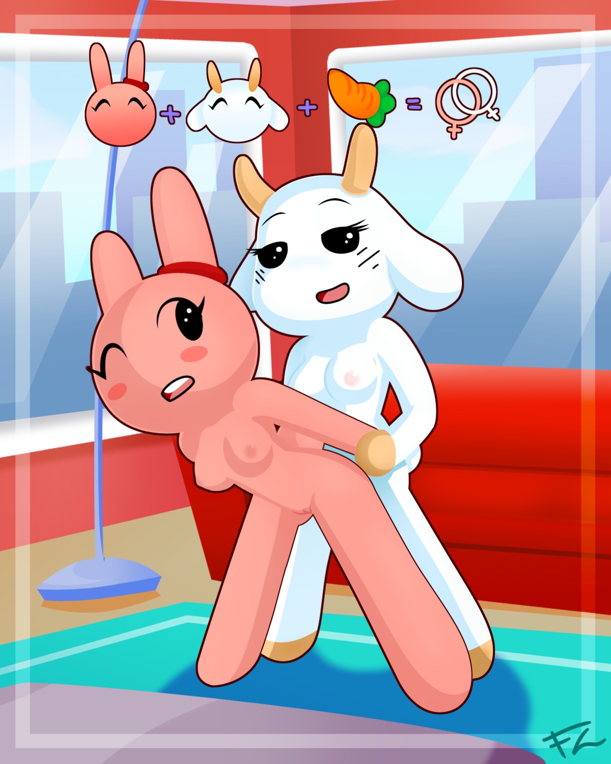4:5 anthro arm_grab blush bovid bovine breasts bunny_maloney candy_bunny carrot cattle charlotte_(bm) duo e621 female female/female food frozenzombie furniture genitals half-closed_eyes hi_res horn lagomorph lamp leporid mammal narrowed_eyes nipples nude on_model one_eye_closed open_mouth pictographics plant rabbit restrained smile sofa vegetable vulva y2k_(graphic_design)