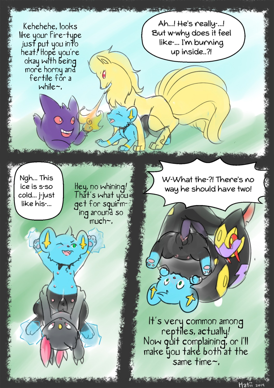 2_penises after_transformation all_fours animal_genitalia animal_penis bdsm black_body black_fur blue_body blue_fur blush bodily_fluids bondage bound canid canine cloaca cloacal_penis coiling comic concern cum cum_in_vagina cum_inflation cum_inside dialogue doggystyle dominant e621 english_text erection excessive_cum excessive_genital_fluids felid female feral fire forced from_behind_position from_front_position fur generation_1_pokemon generation_2_pokemon generation_3_pokemon generation_4_pokemon gengar genital_fluids genitals green_eyes group hatiimiga hemipenes hi_res ice impregnation in_heat inflation jaki-kun_(character) larger_dom larger_male lying male male/female mammal missionary_position multi_genitalia multi_nipple multi_penis multi_tail ninetales nintendo nipples nude on_back penis pink_eyes pokemon pokemon_(species) possession rape red_eyes reptile scalie seviper sex shinx shocked shy size_difference smaller_female snake sneasel spread_legs spreading surprised tail teats text tongue tongue_out upside_down vulva worried